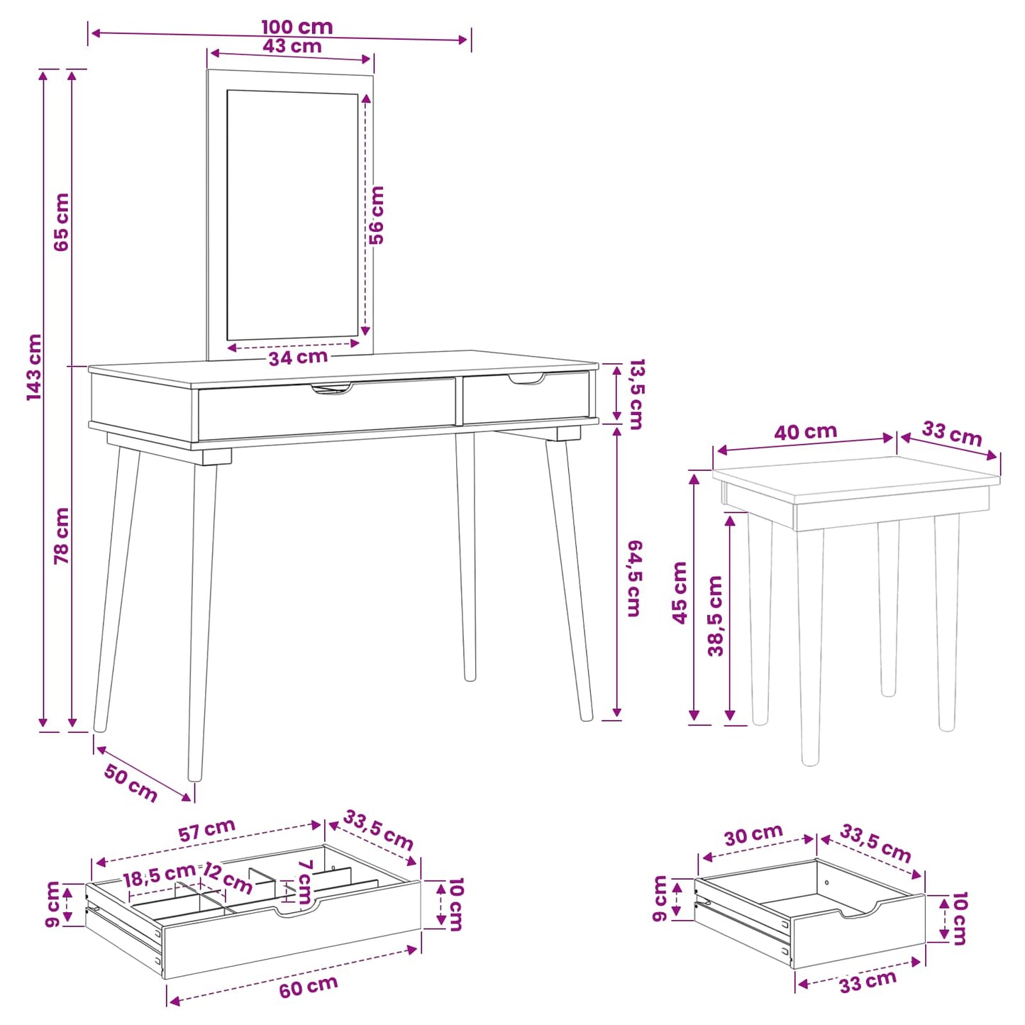 vidaXL Dressing Table Set FAUSKE 3 pcs White 100 x 50 x 143 cm