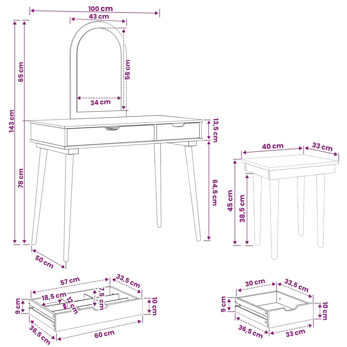 vidaXL Dressing Table Set FAUSKE 3 pcs White 100 x 50 x 143 cm