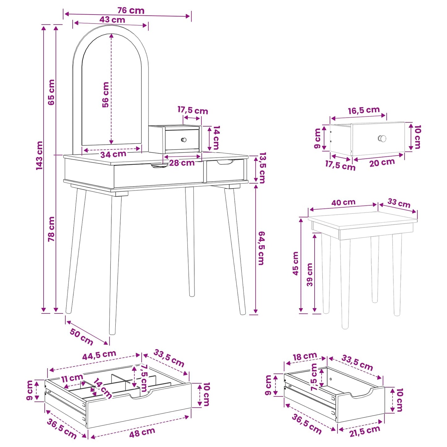vidaXL Dressing Table Set FAUSKE 4 pcs White 76 x 50 x 143 cm