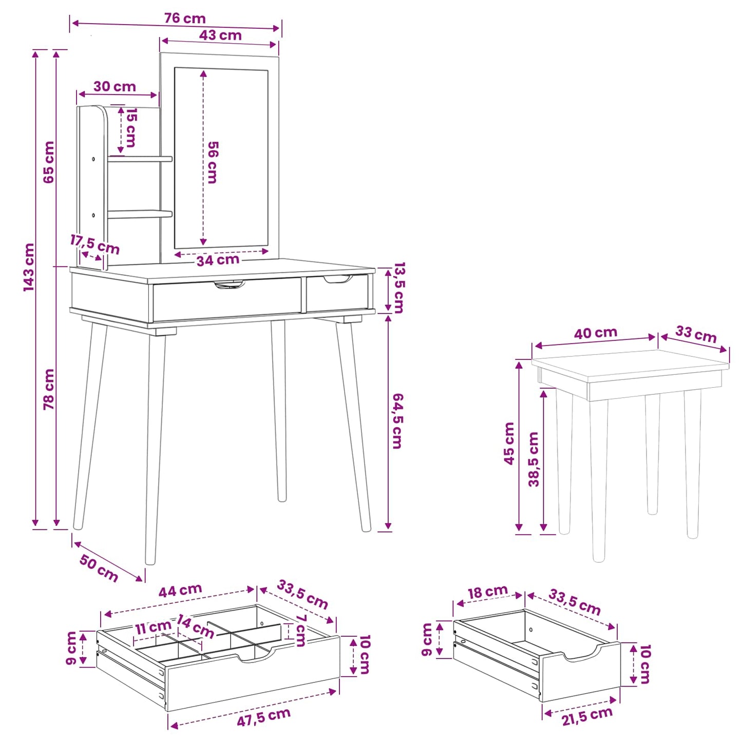 vidaXL Dressing Table Set FAUSKE 4 pcs White 76 x 50 x 143 cm
