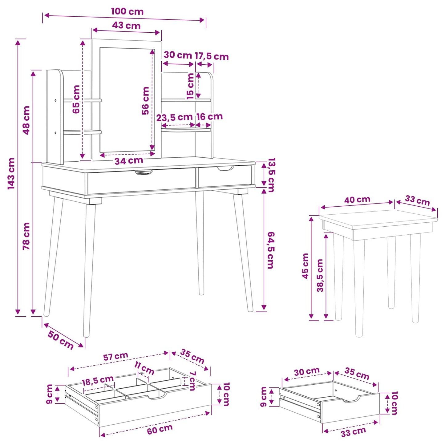 vidaXL Dressing Table Set FAUSKE 5 pcs White 100 x 50 x 143 cm
