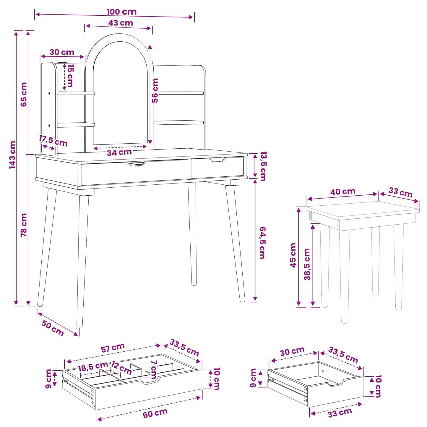 vidaXL Dressing Table Set FAUSKE 5 pcs White 100 x 50 x 143 cm