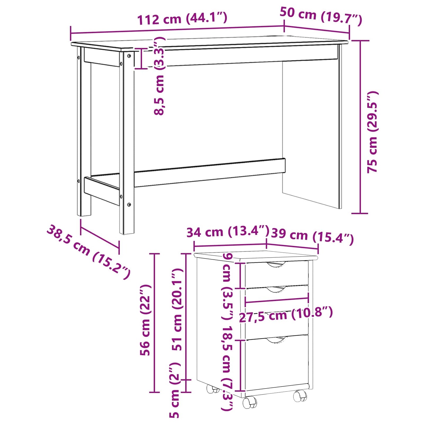 vidaXL Desk Cabinet Set 2 pcs Brown Solid Pine Wood