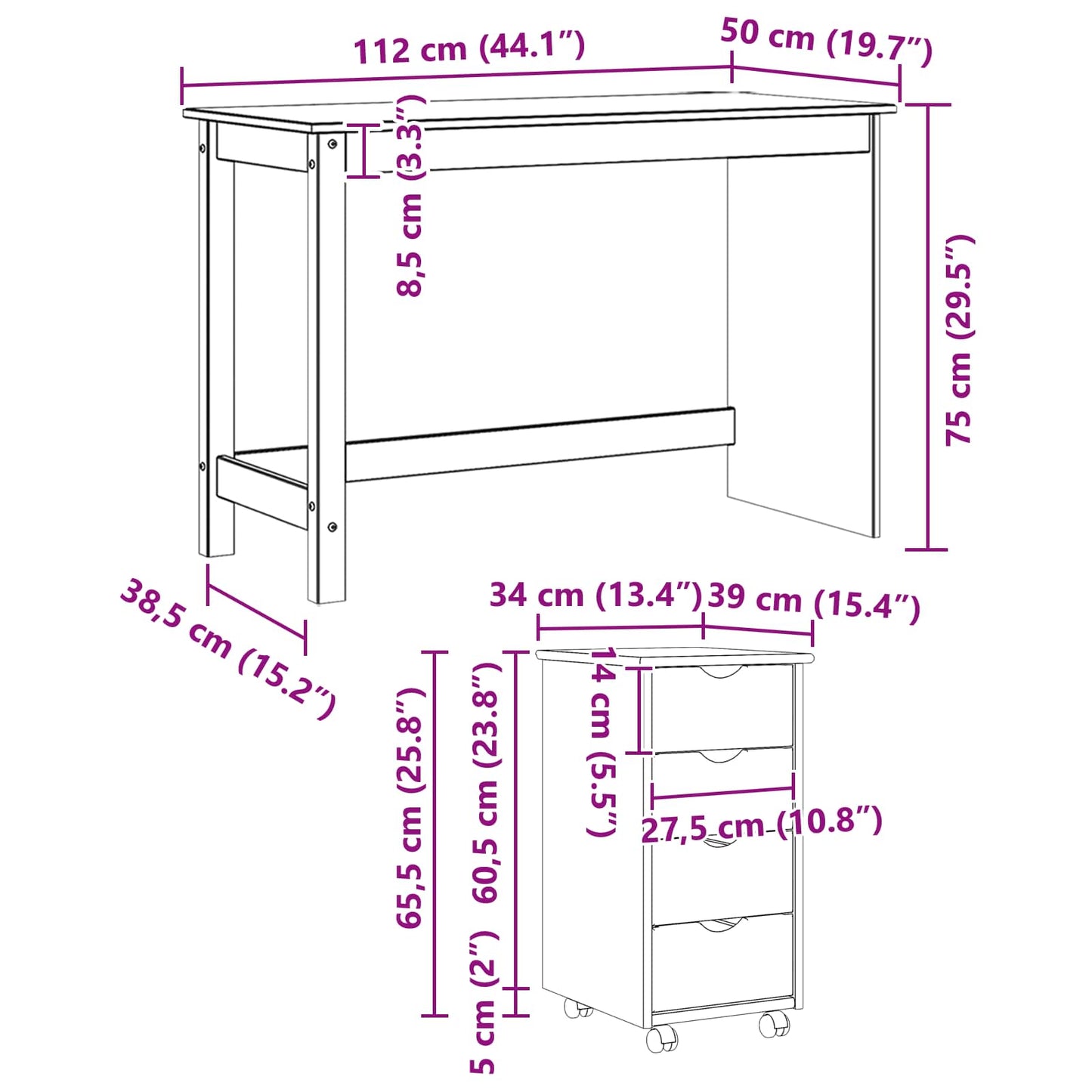 vidaXL Desk Cabinet Set 2 pcs Grey Solid Pine Wood
