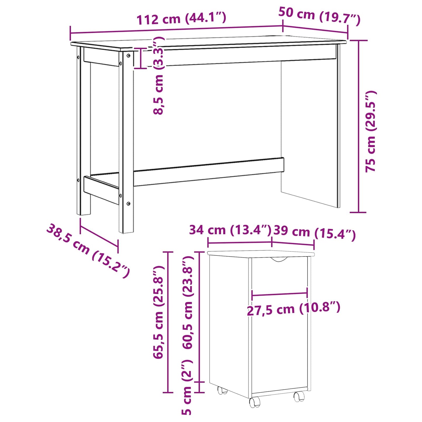 vidaXL Desk Cabinet Set 2 pcs Black Solid Pine Wood