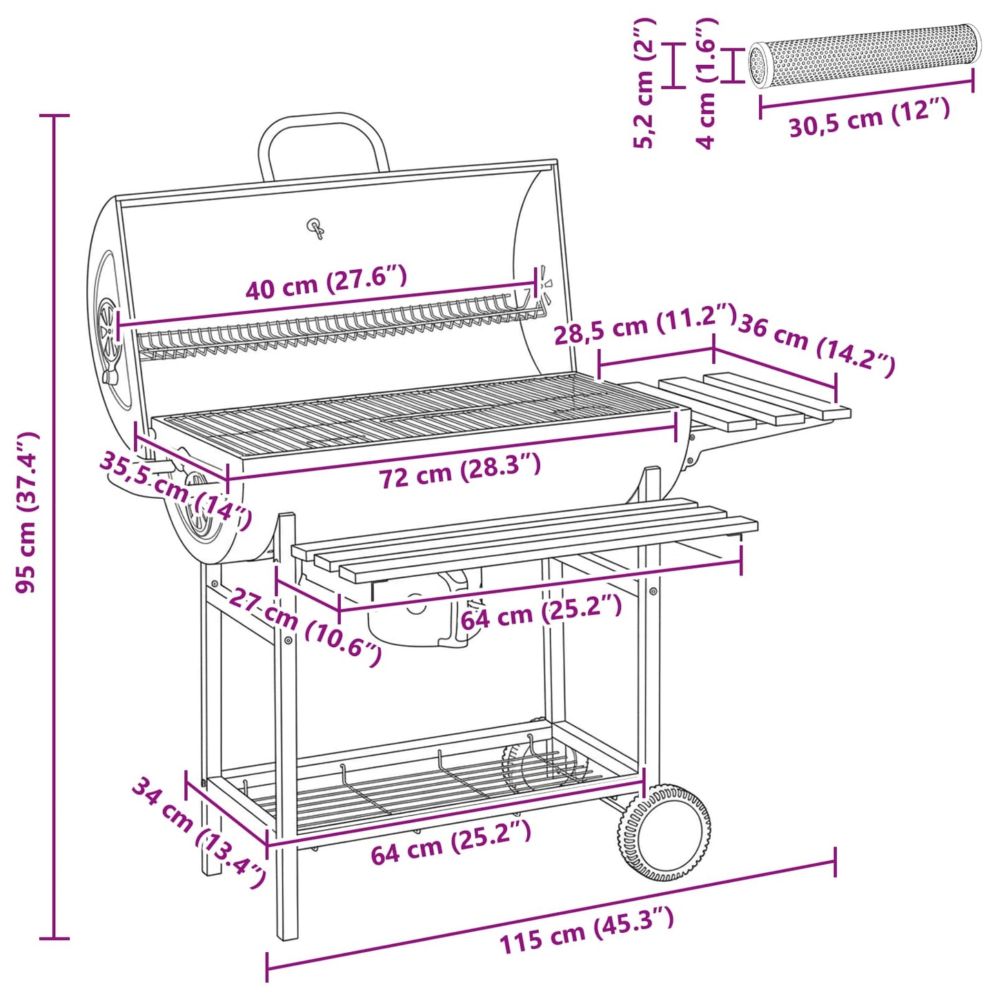 vidaXL Barrel Grill with Wheels and Shelves 3 pcs 115 x 85 x 95 cm