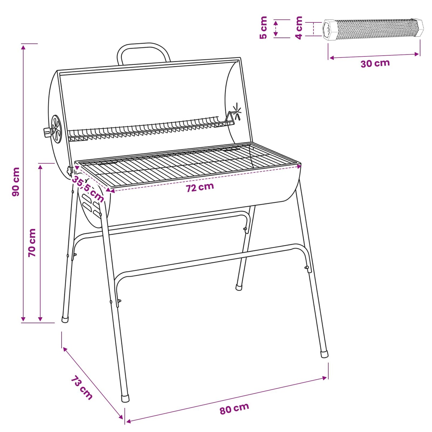vidaXL Barrel Grill with 2 Cooking Grids 3 pcs 80 x 73 x 90 cm Metal