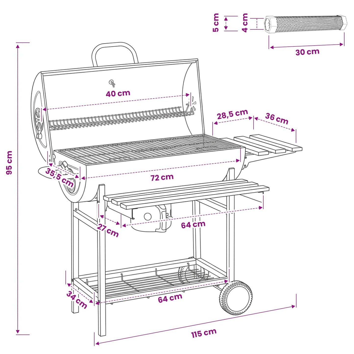vidaXL Barrel Grill with Wheels and Shelves 3 pcs 115 x 85 x 95 cm
