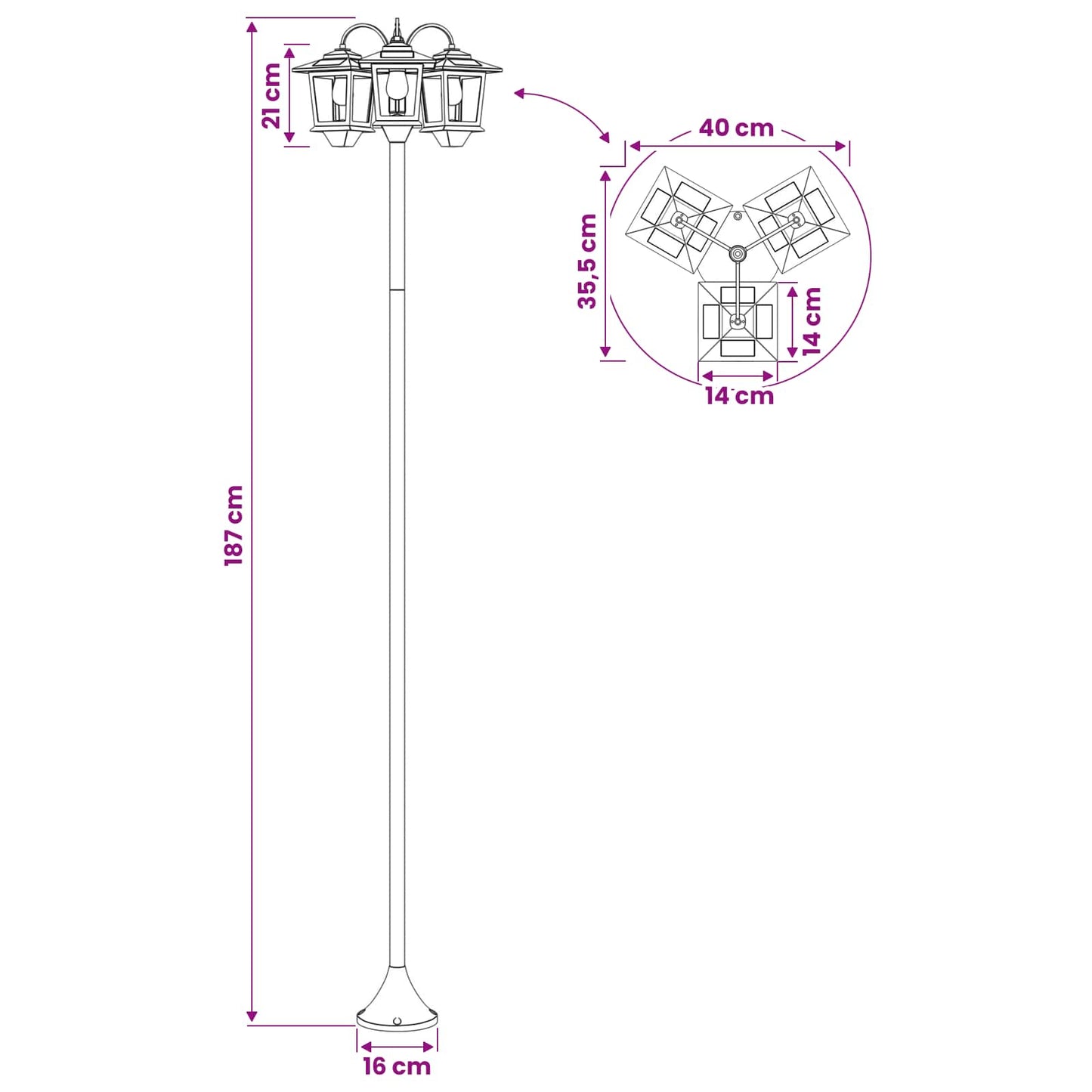 vidaXL 3-Head Lamp Post Black 16 x 16 x 187 cm Aluminum and ABS