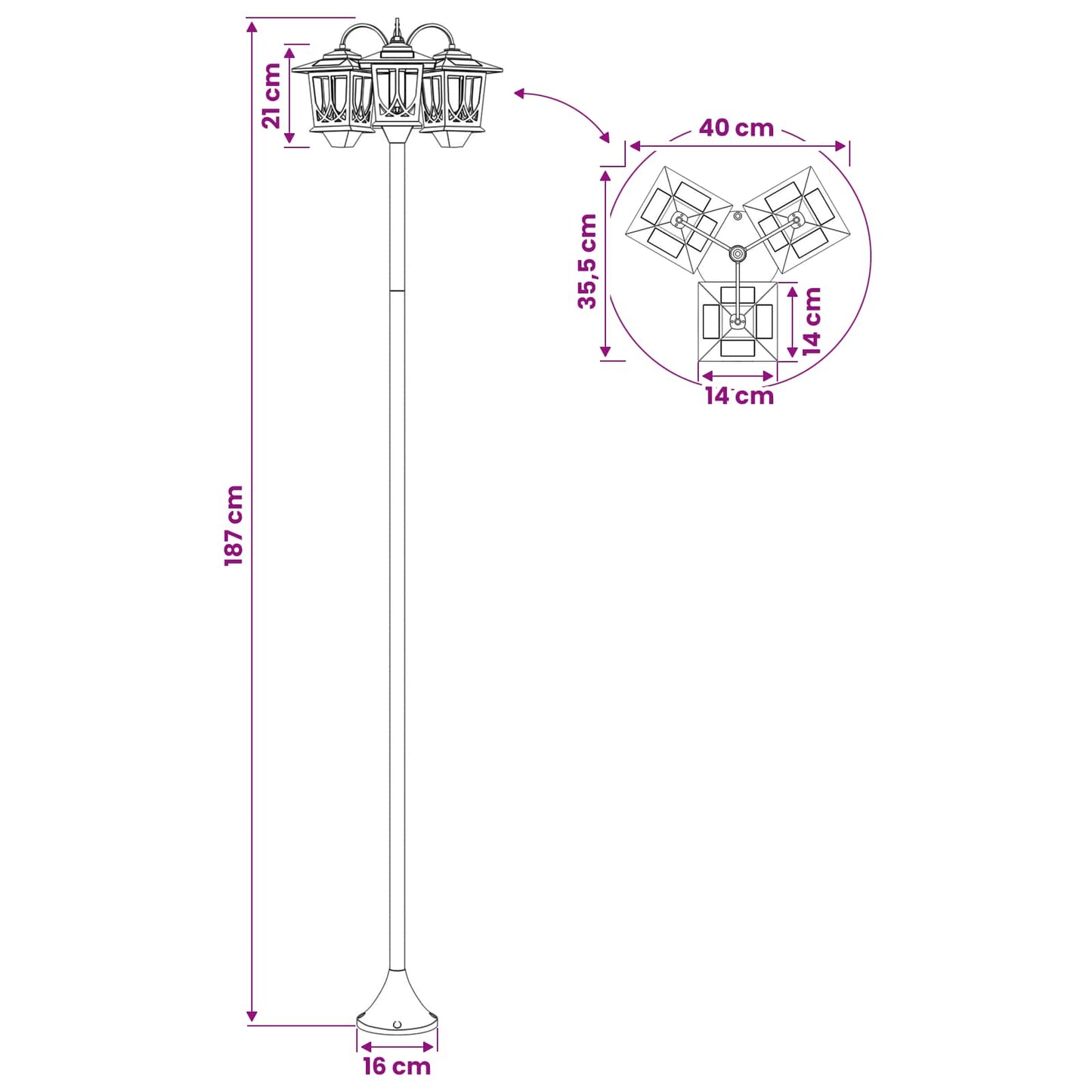 vidaXL 3-Head Lamp Post Black 16 x 16 x 187 cm Aluminum and ABS