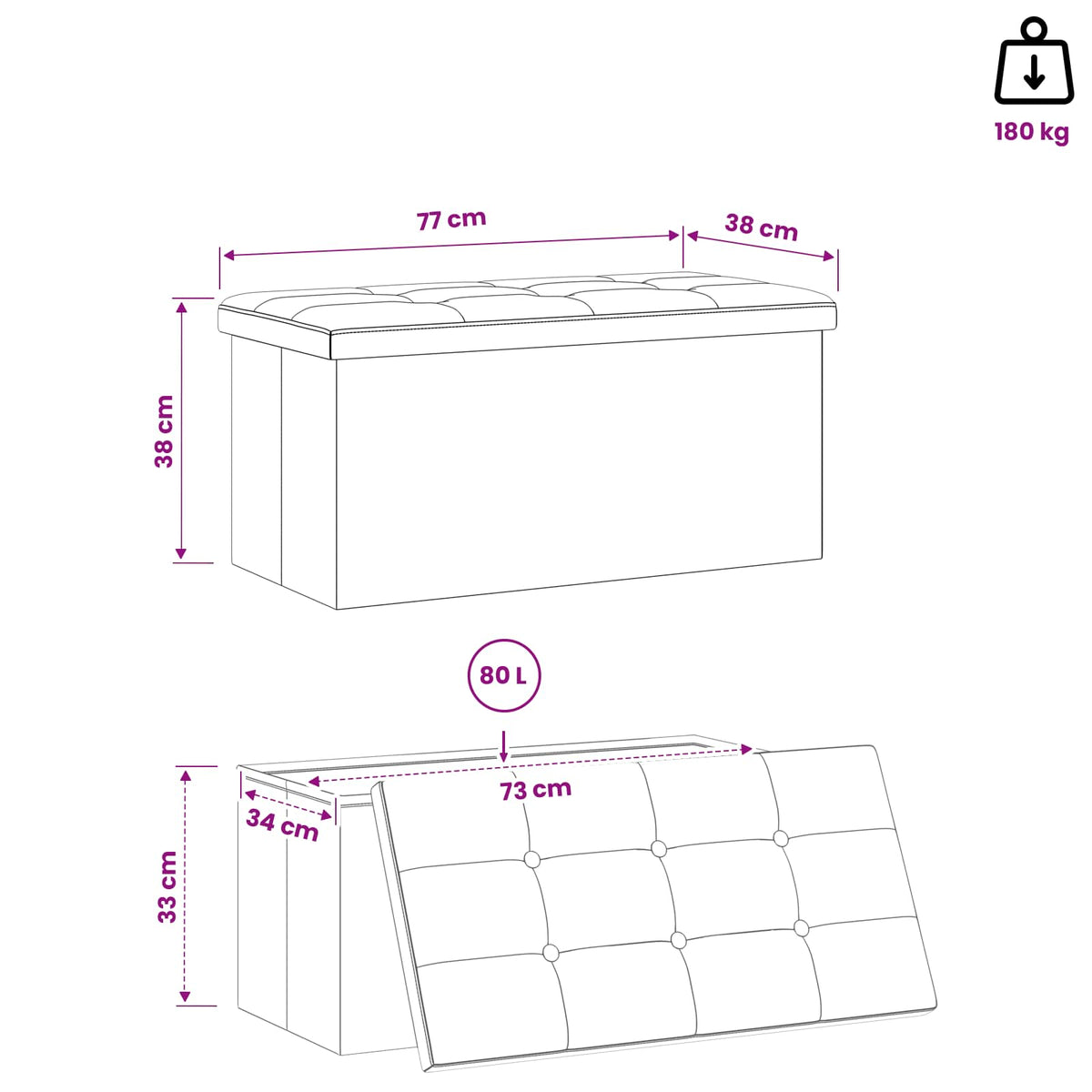 vidaXL Foldable Storage Bench Light Grey 180 kg 80 L 77 x 38 x 38 cm
