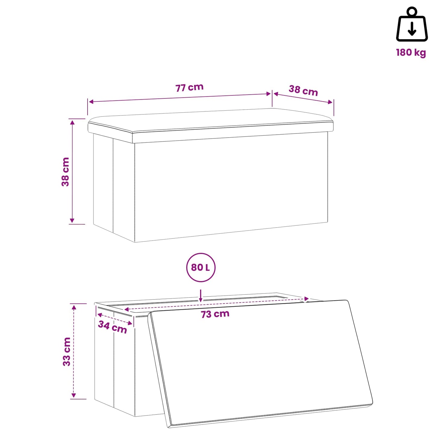 vidaXL Foldable Storage Bench White 180 kg 80 L 77 x 38 x 38 cm PVC