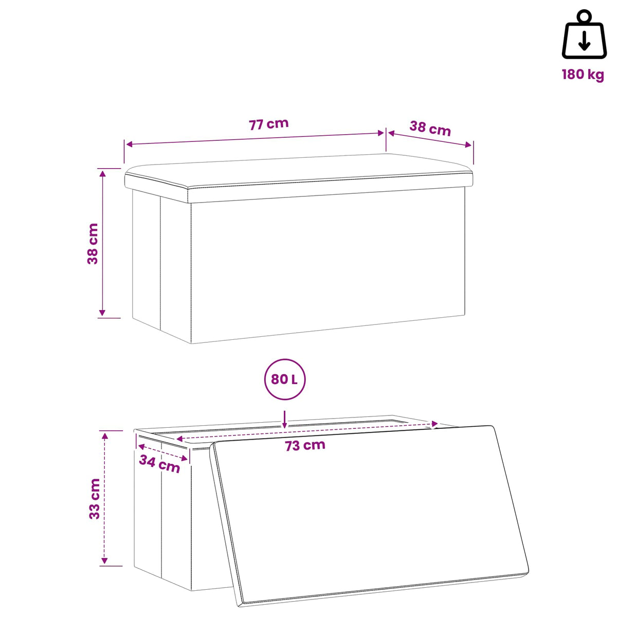 vidaXL Foldable Storage Bench Brown 180 kg 80 L 77 x 38 x 38 cm PVC