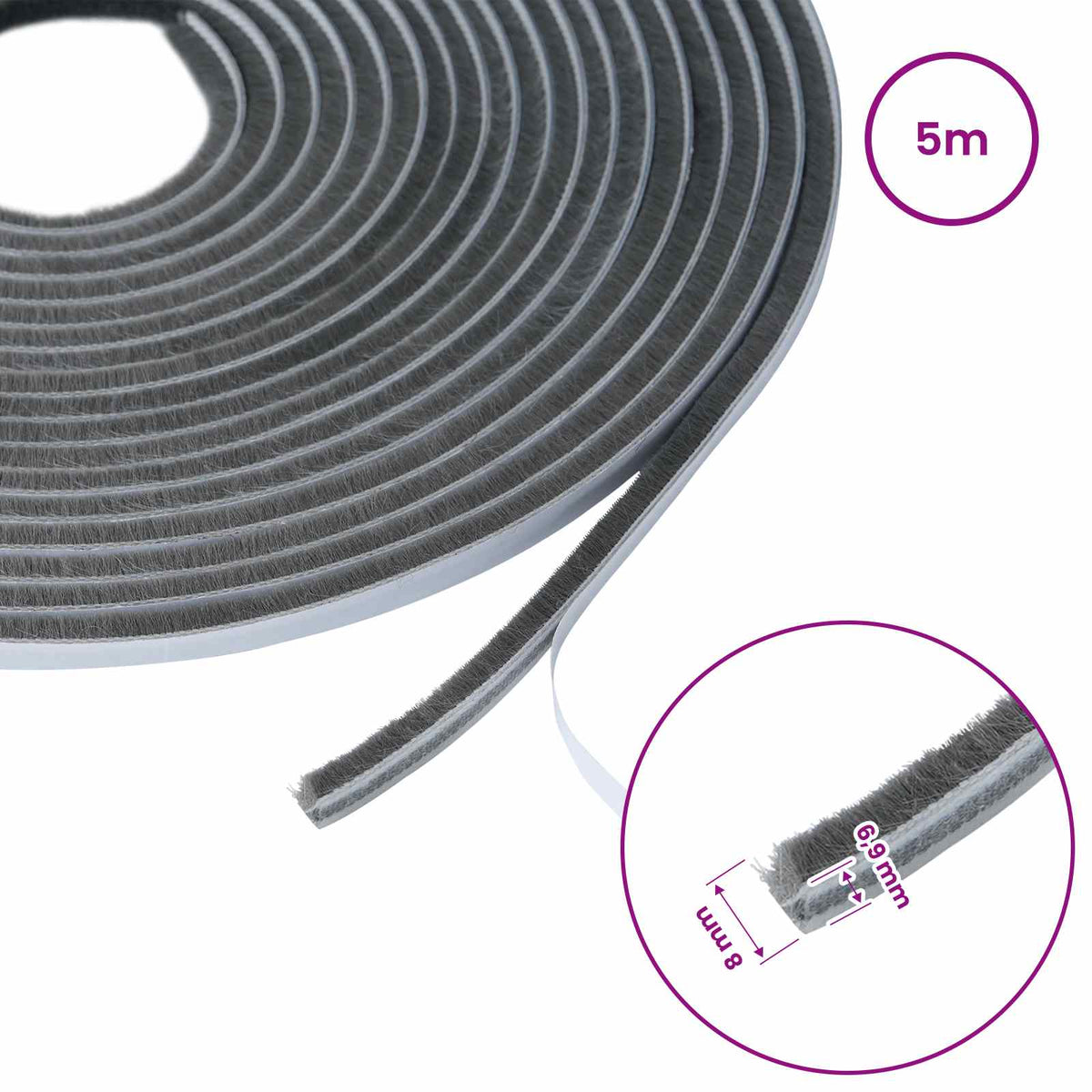 vidaXL Self-Adhesive Door Brush Seal 5 m PP Grey