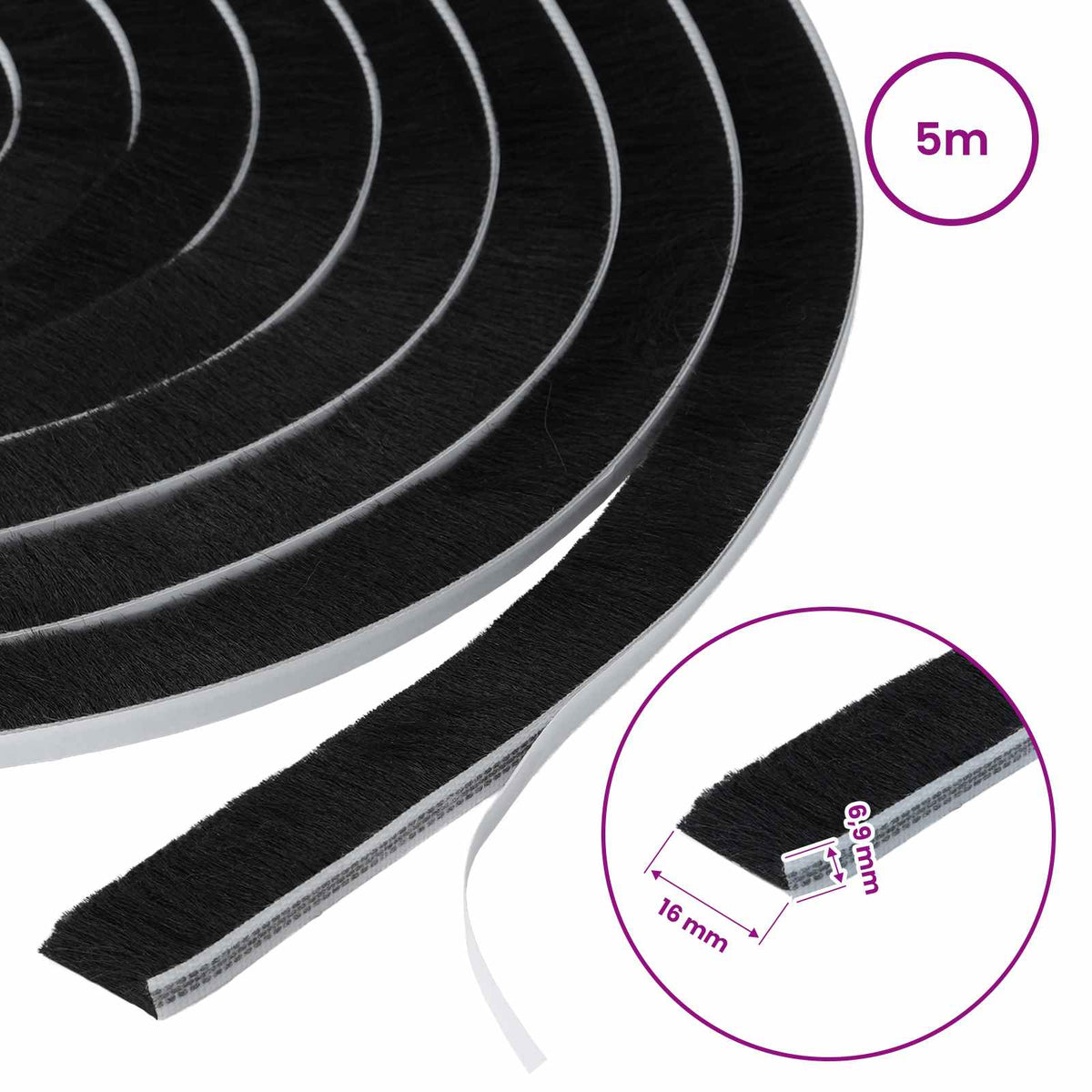 vidaXL Self-Adhesive Door Brush Seal 5 m PP Black
