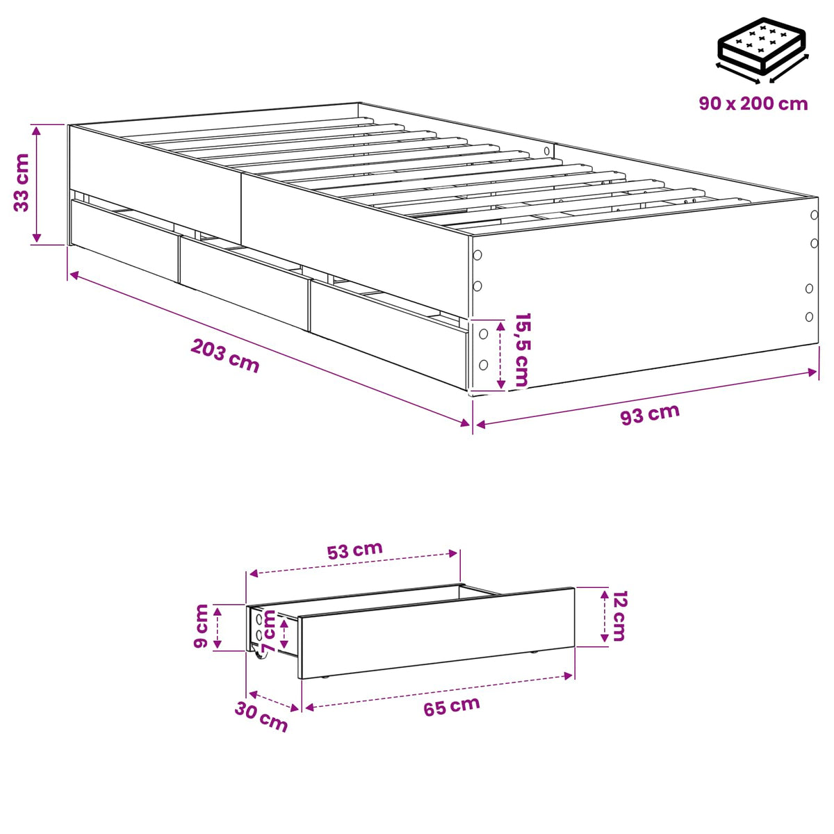 vidaXL Bed Frame with Storage Artisan Oak 90 x 200 cm Engineered wood