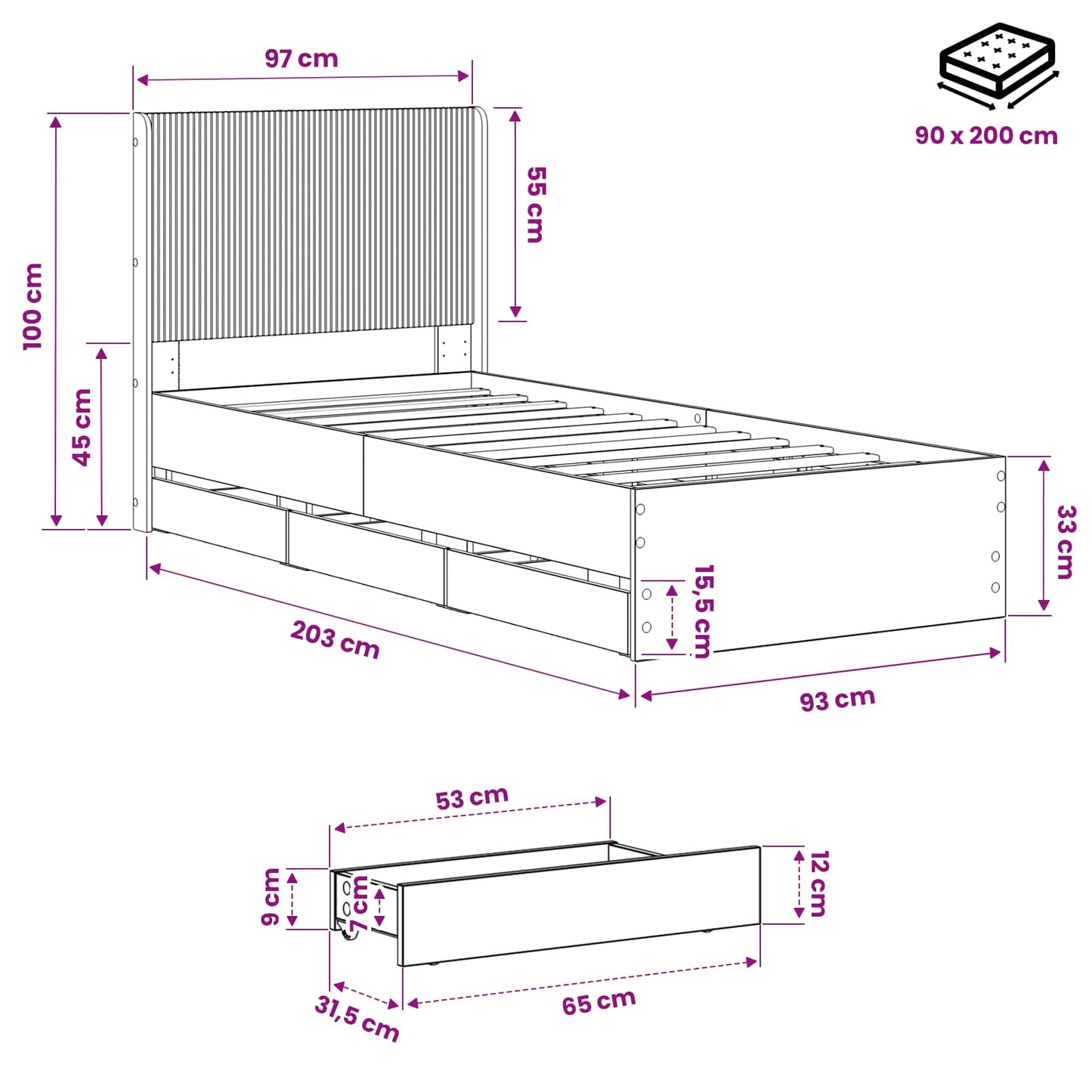 vidaXL Bed Frame with Storage and Headboard Artisan Oak 90 x 200 cm