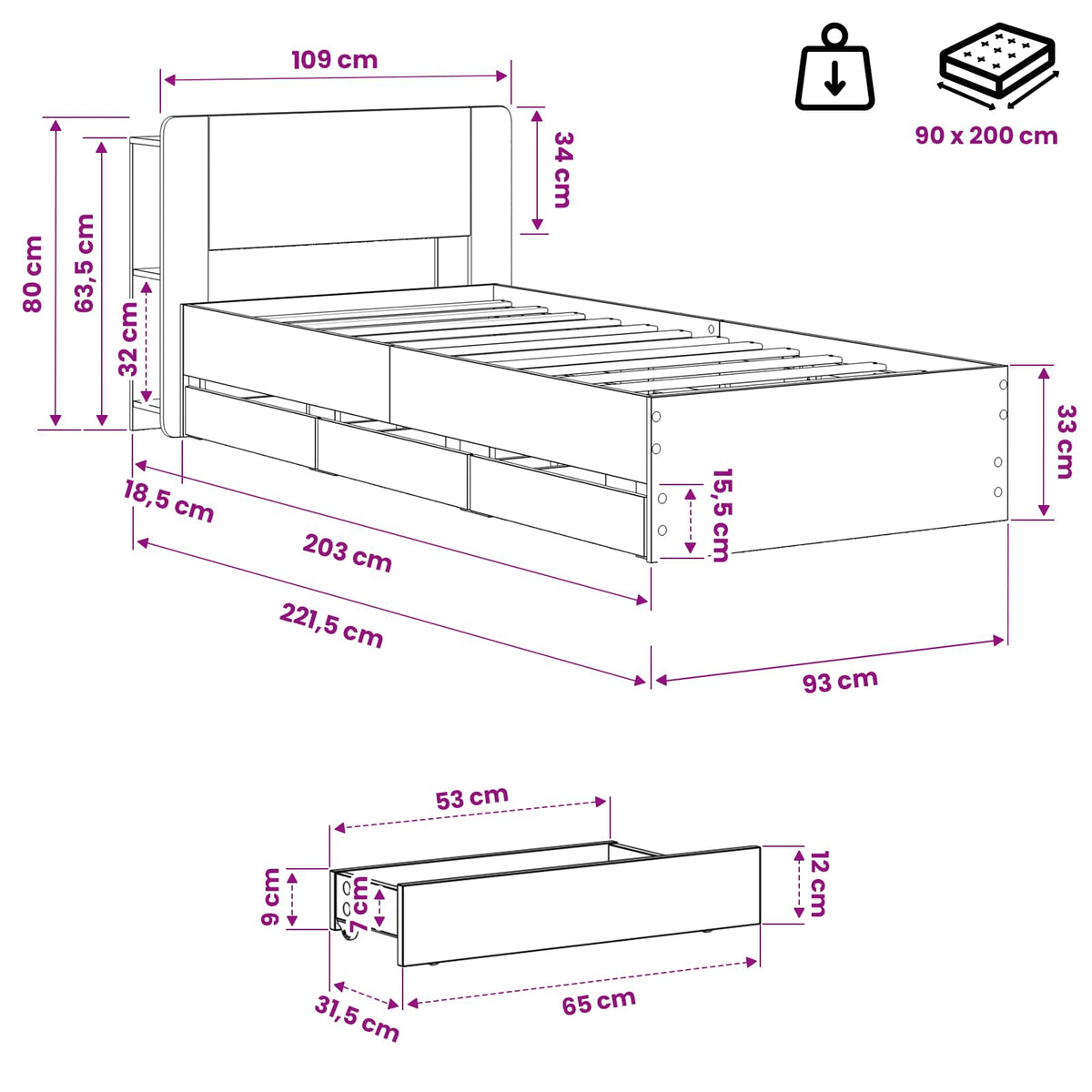 vidaXL Bed Frame with Storage and Headboard Artisan Oak 90 x 200 cm