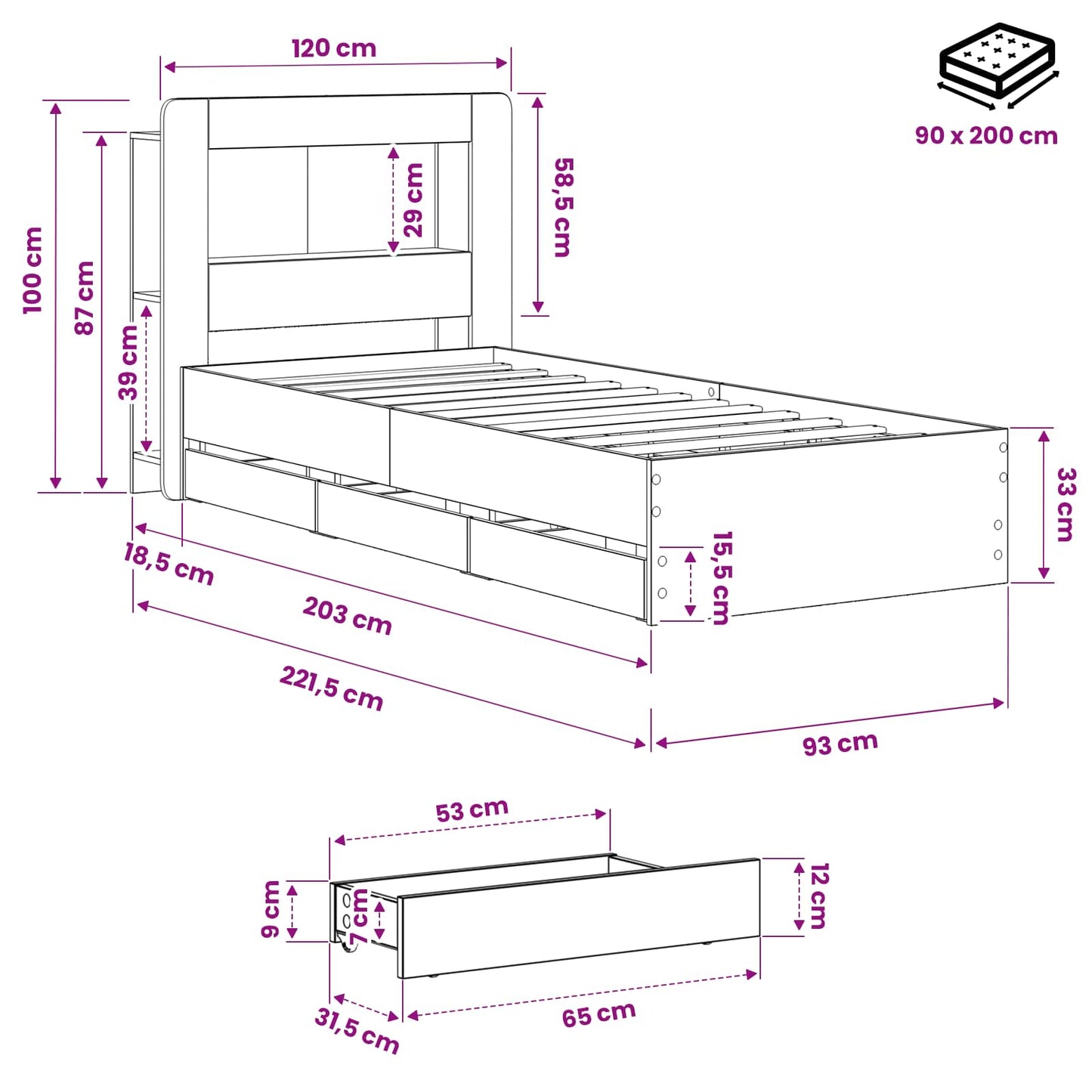 vidaXL Bed Frame with Storage and Headboard Artisan Oak 90 x 200 cm