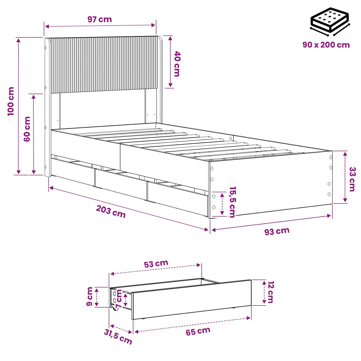 vidaXL Bed Frame with Storage and Headboard Artisan Oak 90 x 200 cm