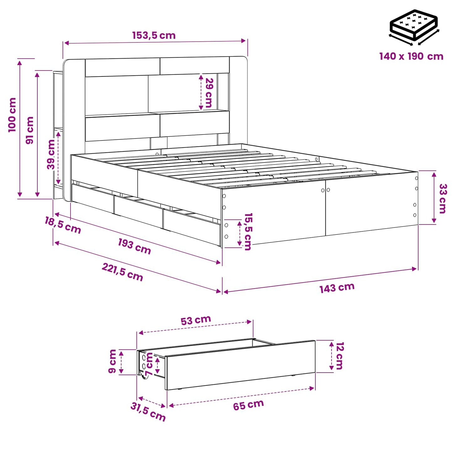 vidaXL Bed Frame with Storage and Headboard Artisan Oak 140 x 190 cm