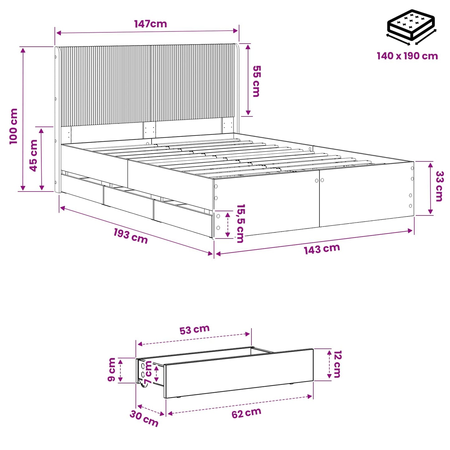 vidaXL Bed Frame with Storage and Headboard Artisan Oak 140 x 190 cm