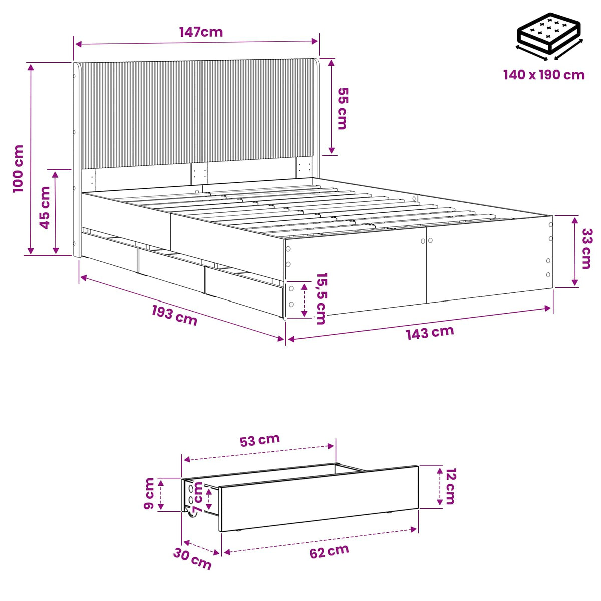 vidaXL Bed Frame with Storage and Headboard Artisan Oak 140 x 190 cm