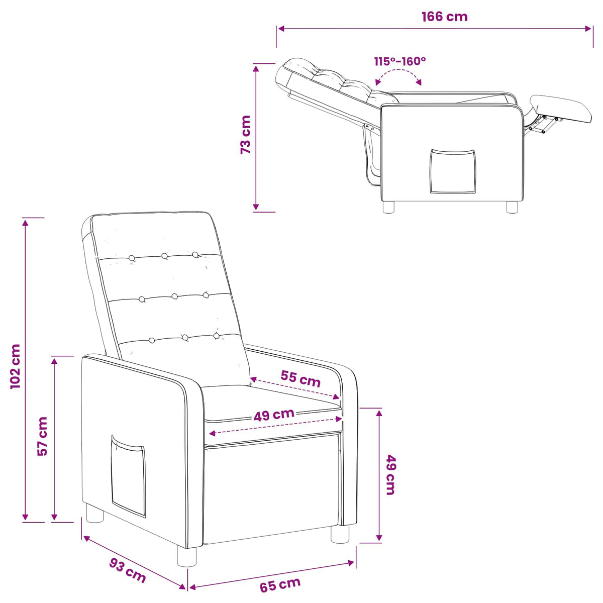 vidaXL Recliner Chair Black 65 x 93 x 102 cm Fabric
