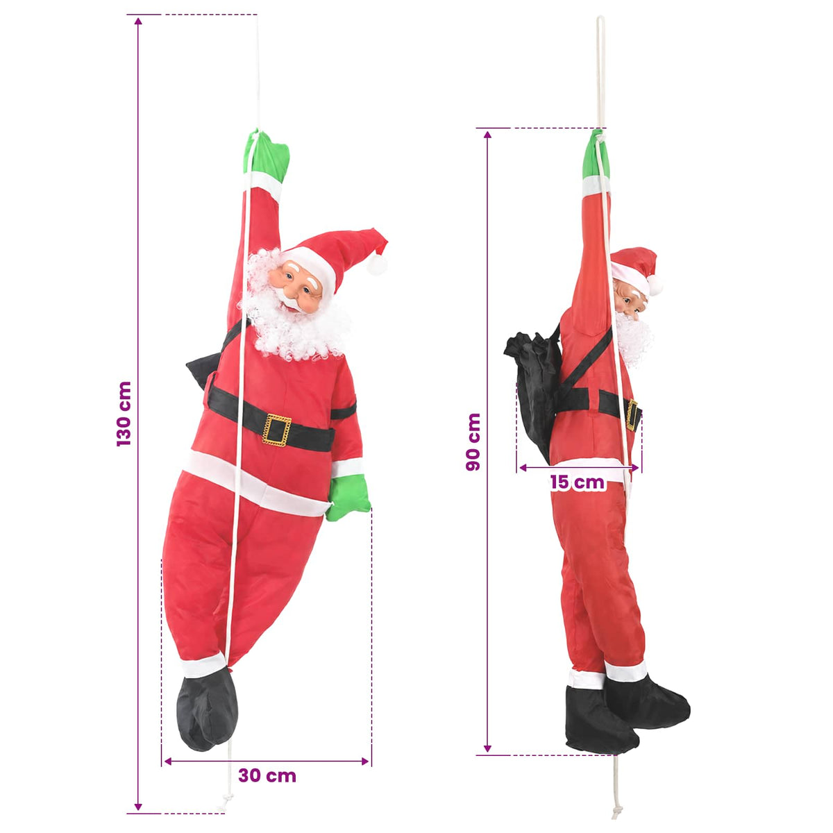 vidaXL Hanging Santa Claus on Rope Red 30 x 15 x 130 cm Polyester