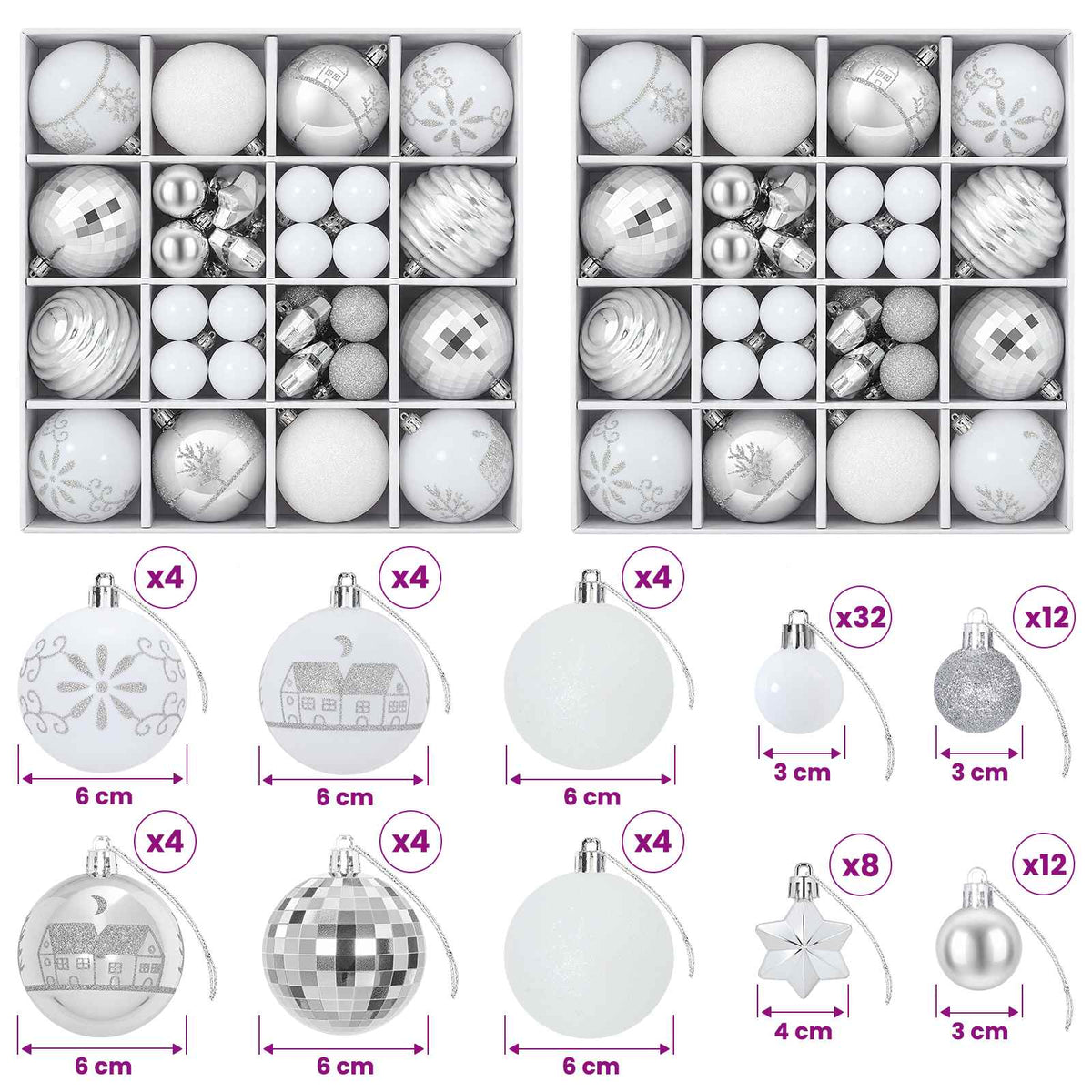 vidaXL Christmas Ball Set 88 pcs Silver and White Ø 6 cm Plastic