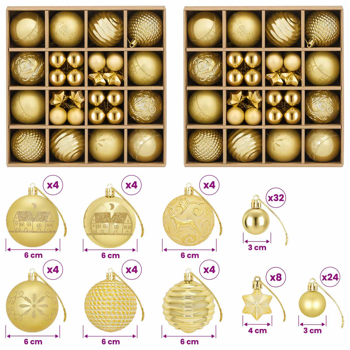 vidaXL Christmas Ball Set 88 pcs Gold Ø 6 cm Plastic