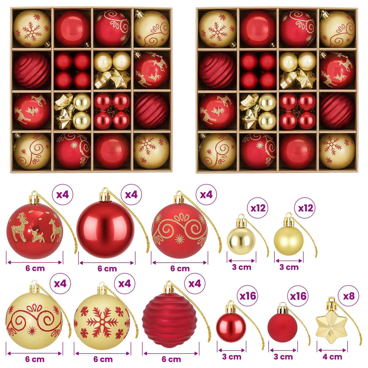 vidaXL Christmas Ball Set 88 pcs Red and Gold Ø 6 cm Plastic