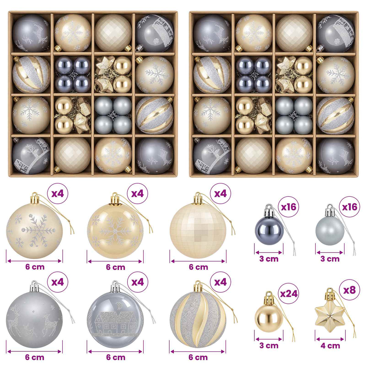 vidaXL Christmas Ball Set 88 pcs Gold and Grey Ø 6 cm Plastic
