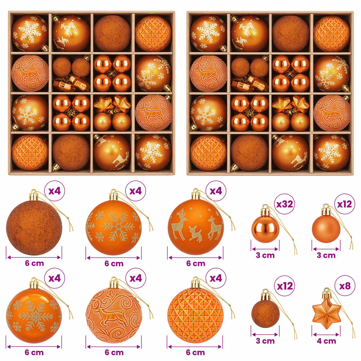 vidaXL Christmas Ball Set 88 pcs Bronze Ø 6 cm Plastic