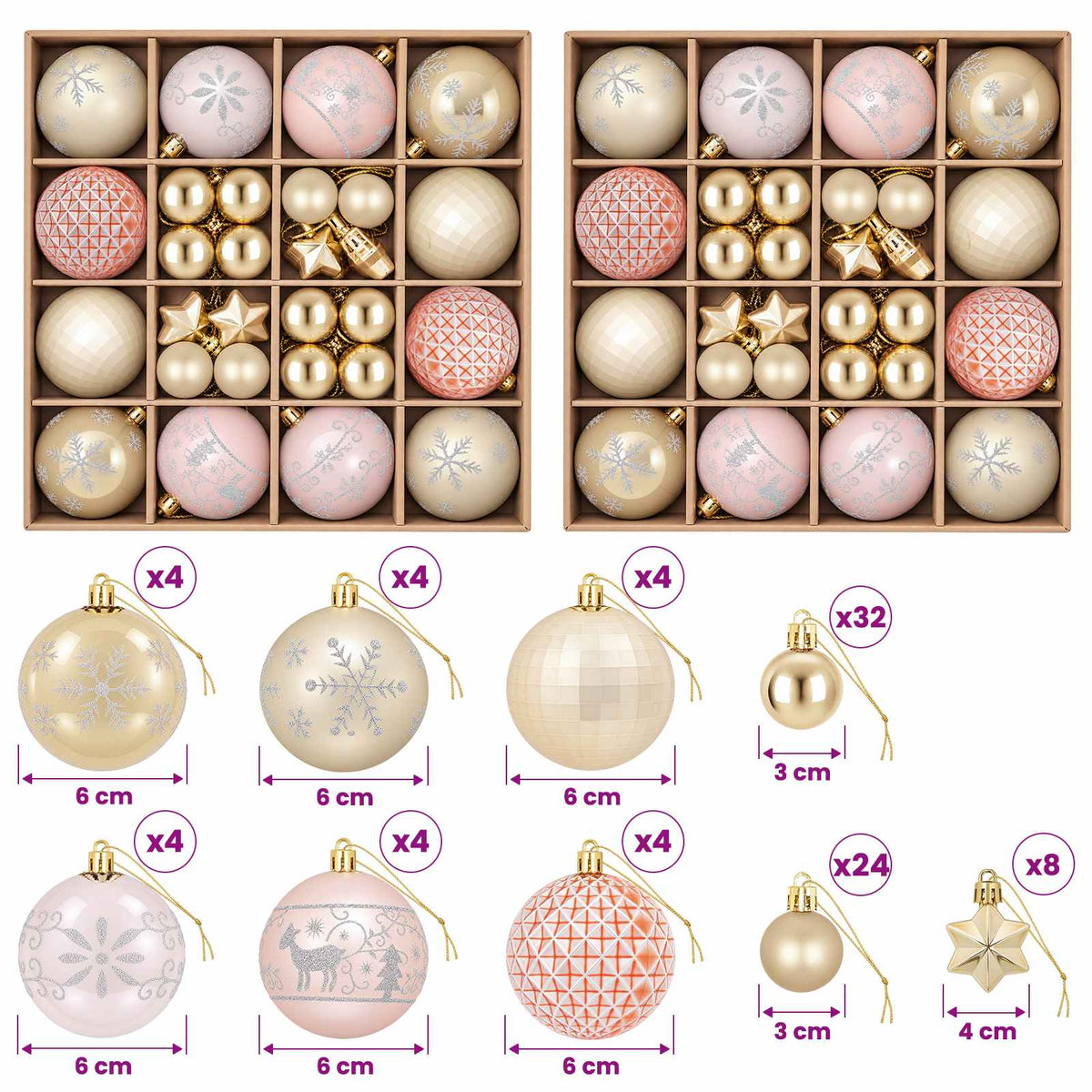 vidaXL Christmas Ball Set 88 pcs Rose Gold and Gold Ø 6 cm Plastic
