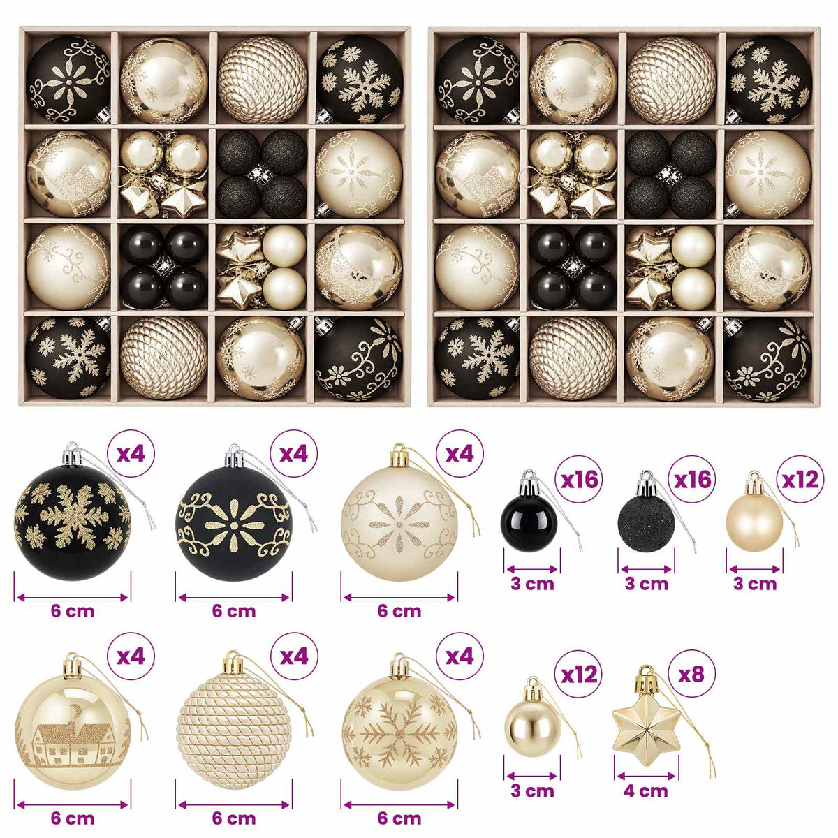 vidaXL Christmas Ball Set 88 pcs Black and Gold Ø 6 cm Plastic