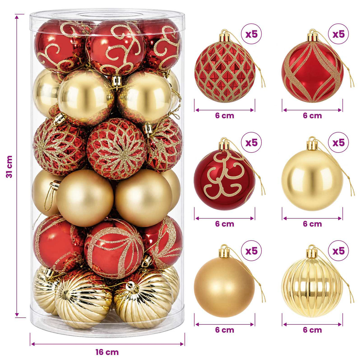 vidaXL Christmas Ball Set 30 pcs Gold and Red Ø 6 cm Plastic
