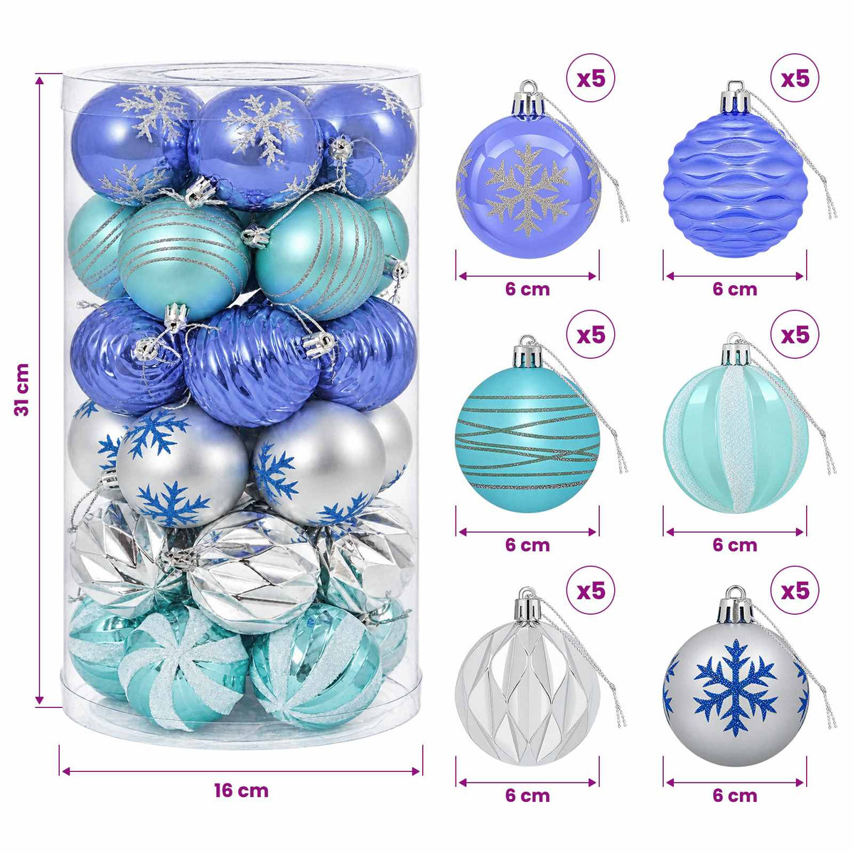 vidaXL Christmas Ball Set 30 pcs Silver, Blue and Turquoise Ø 6 cm