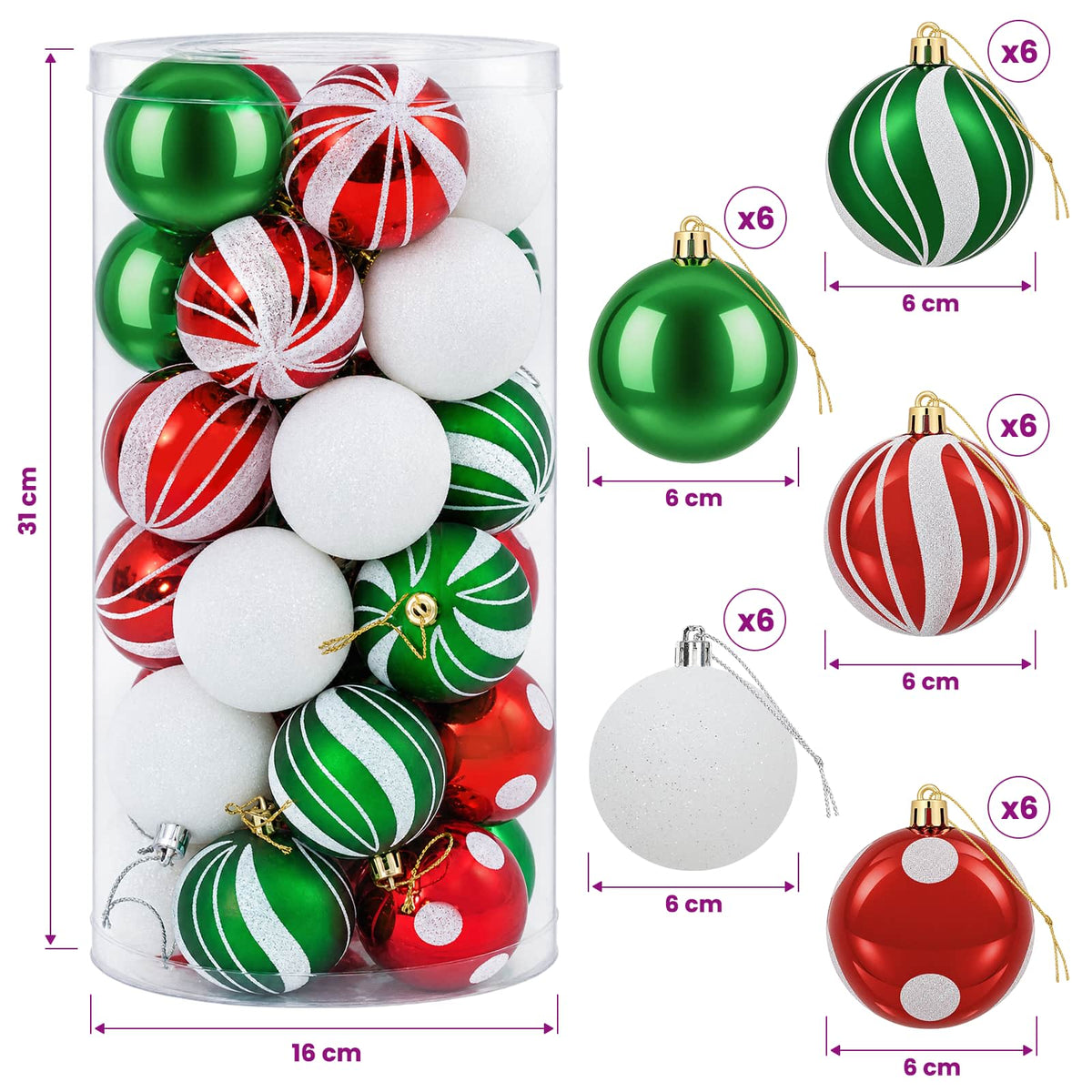 vidaXL Christmas Ball Set 30 pcs White, Red and Green Ø 6 cm Plastic