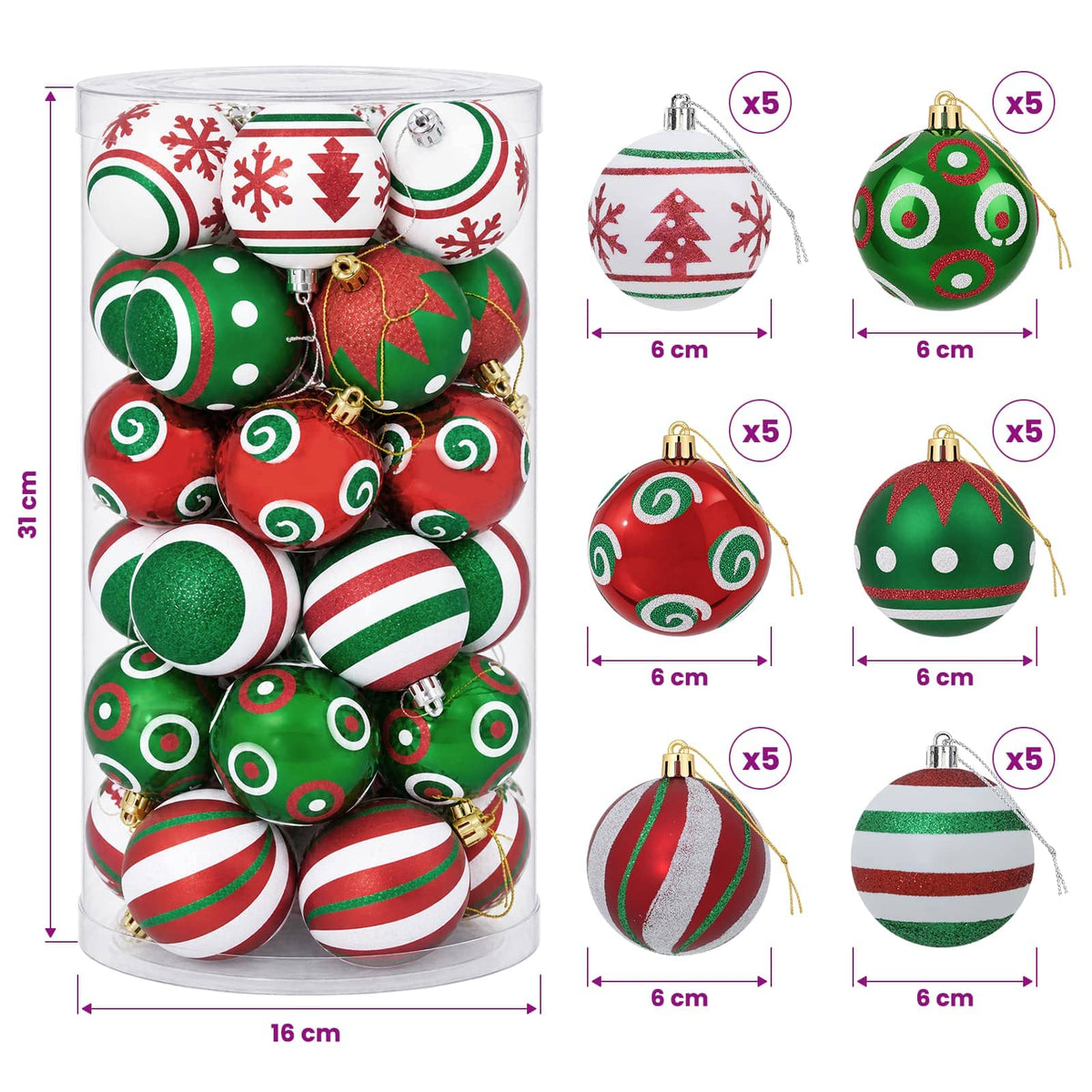 vidaXL Christmas Ball Set 30 pcs White, Red and Green Ø 6 cm Plastic