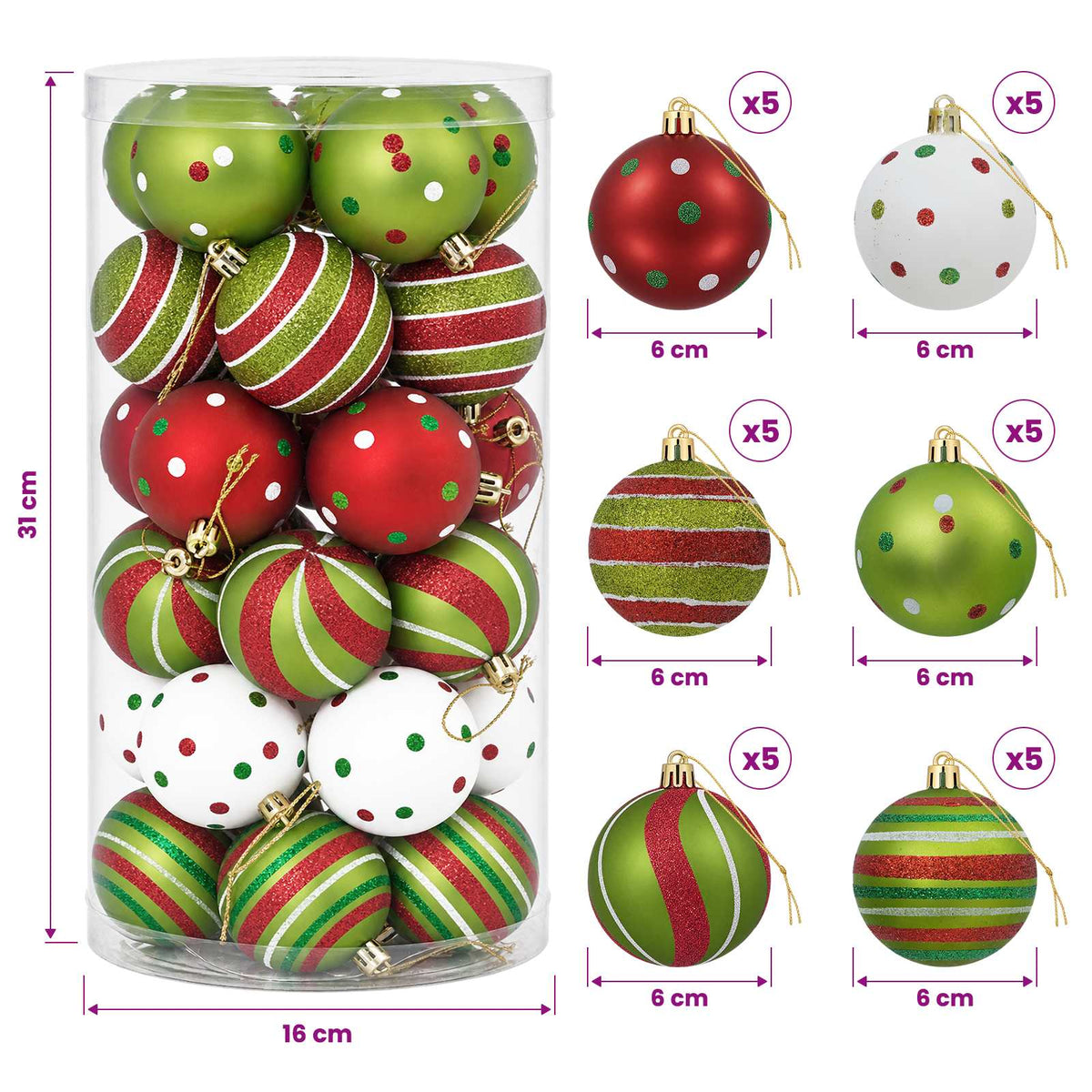 vidaXL Christmas Ball Set 30 pcs White, Red and Light Green Ø 6 cm