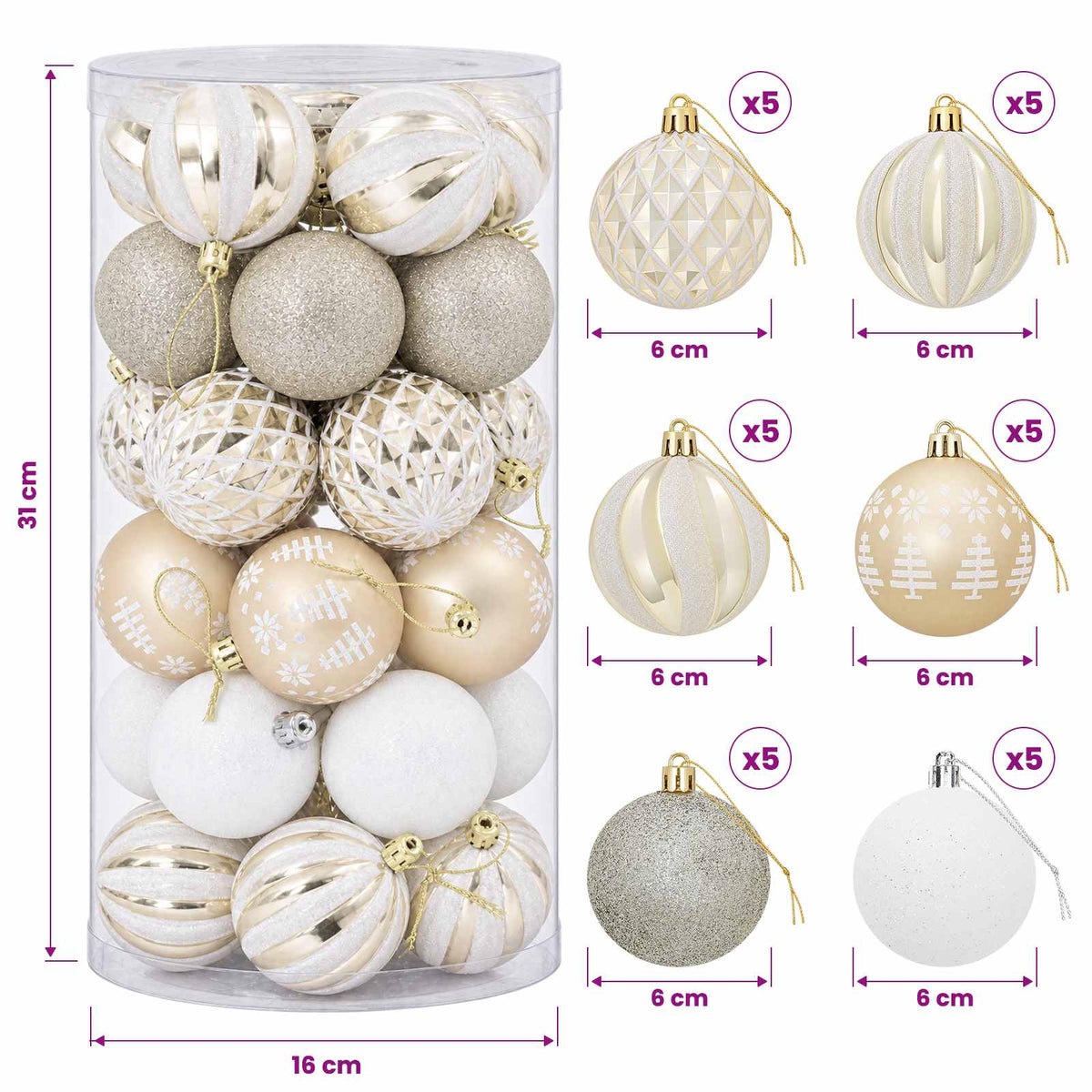 vidaXL Christmas Ball Set 30 pcs Gold and White Ø 6 cm Plastic