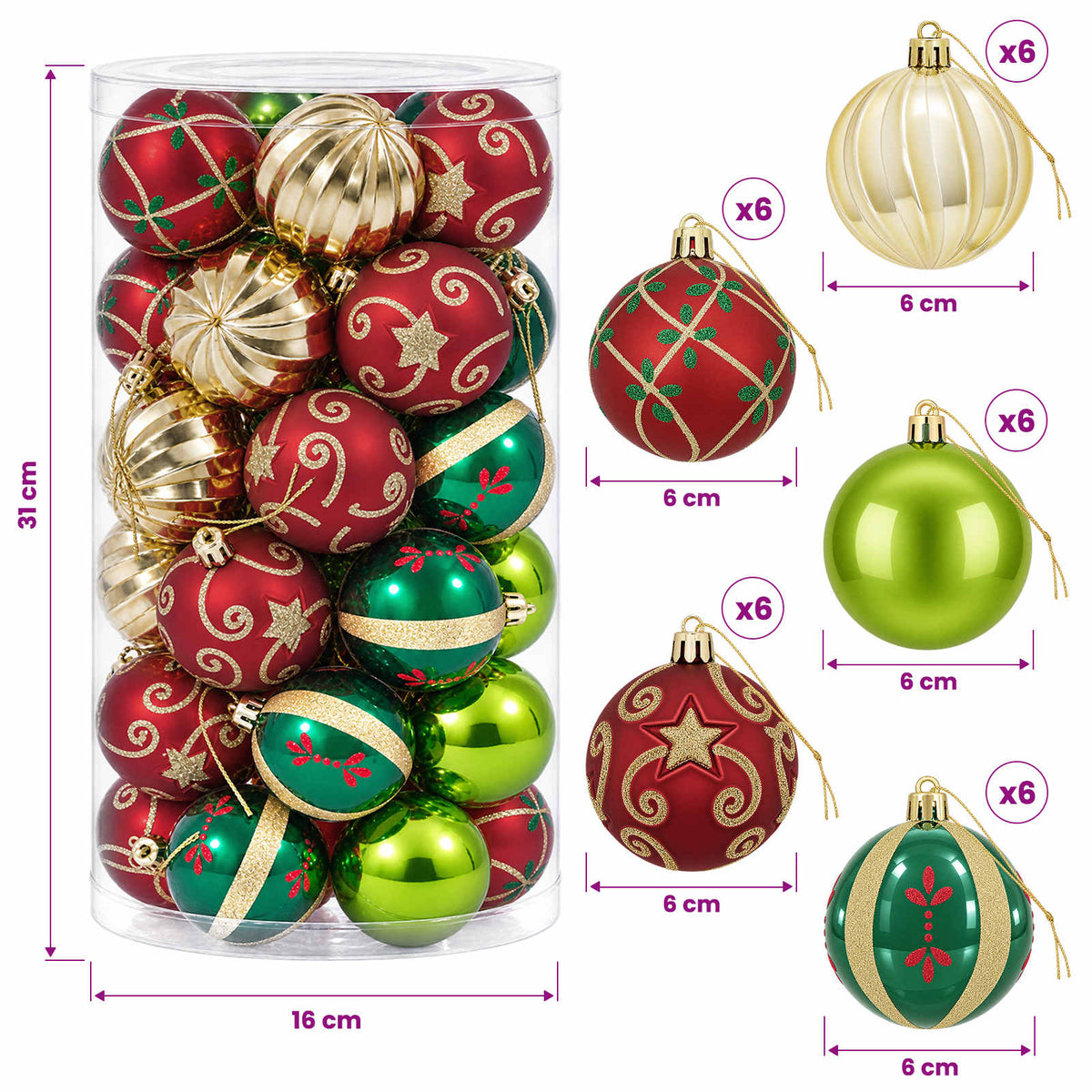 vidaXL Christmas Ball Set 30 pcs Red, Green and Gold Ø 6 cm Plastic