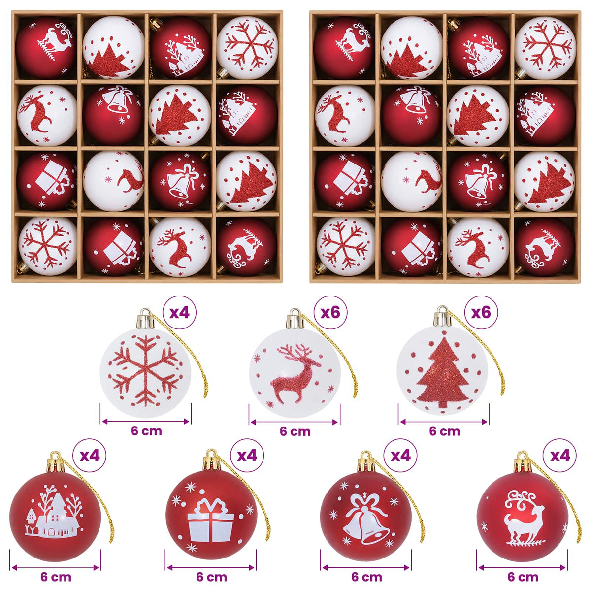 vidaXL Christmas Ball Set 32 pcs Red and White Ø 6 cm Plastic