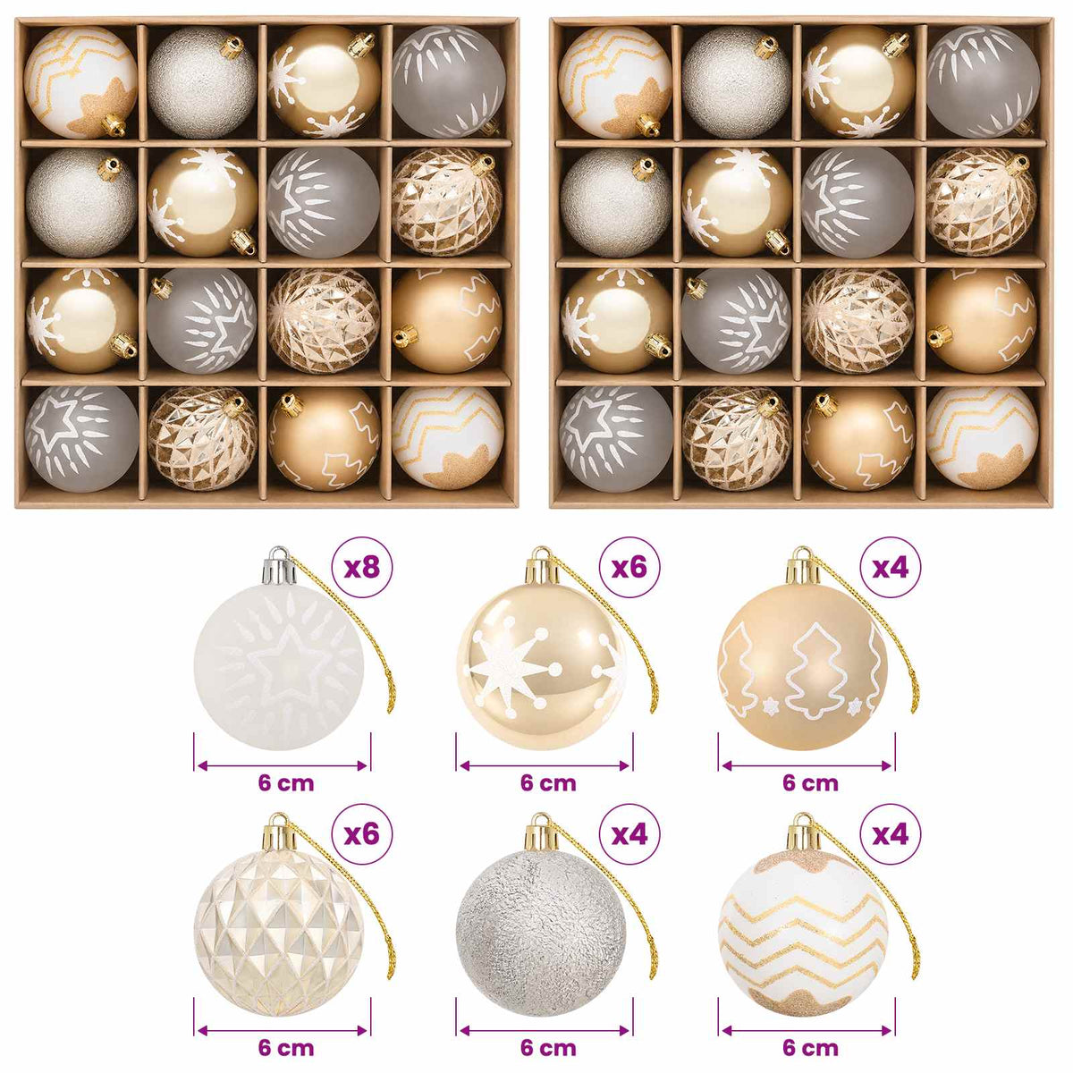 vidaXL Christmas Ball Set 32 pcs Gold Transparent and White Ø 6 cm