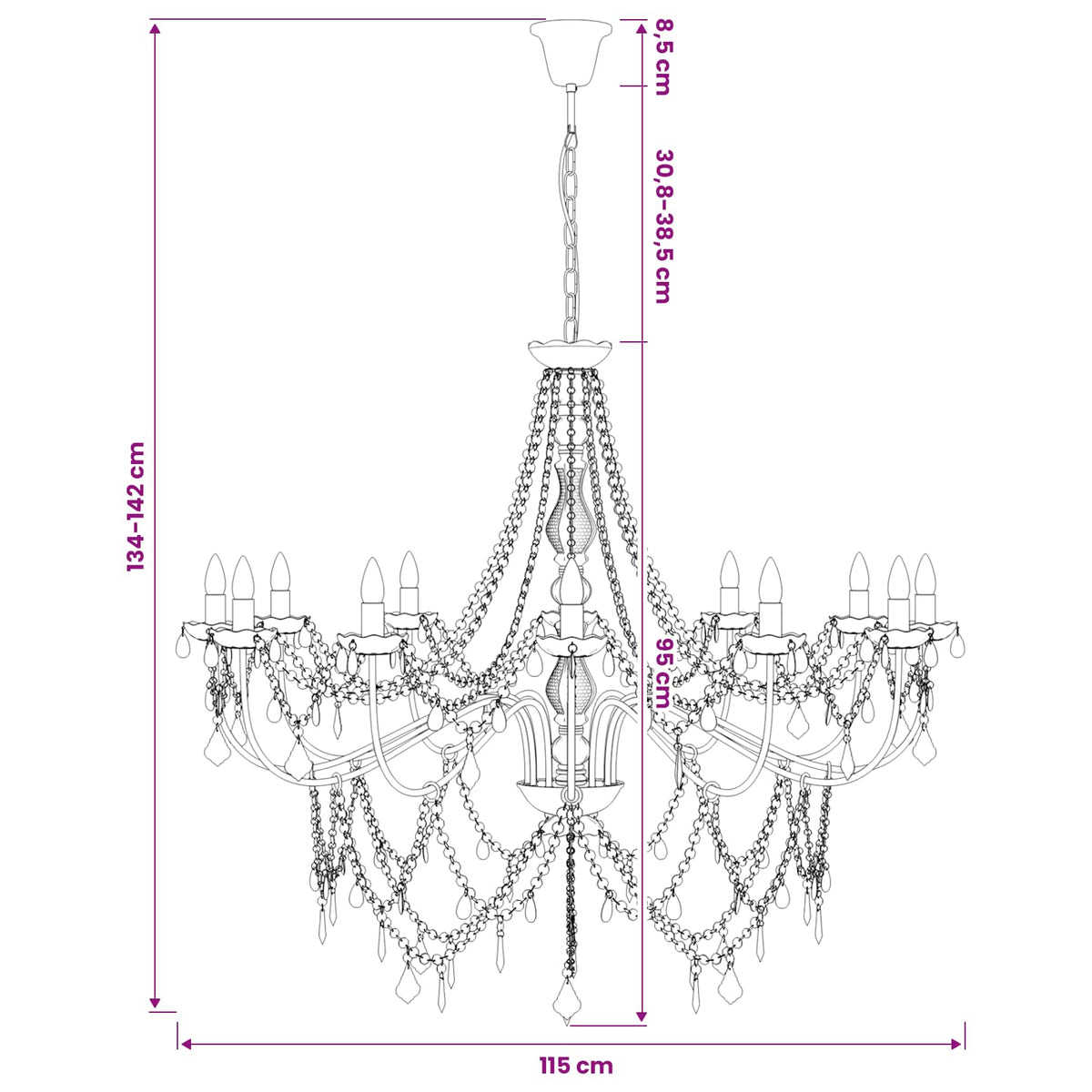 vidaXL Adjustable Chandelier with Beads E14 Metal and Acrylic Gold