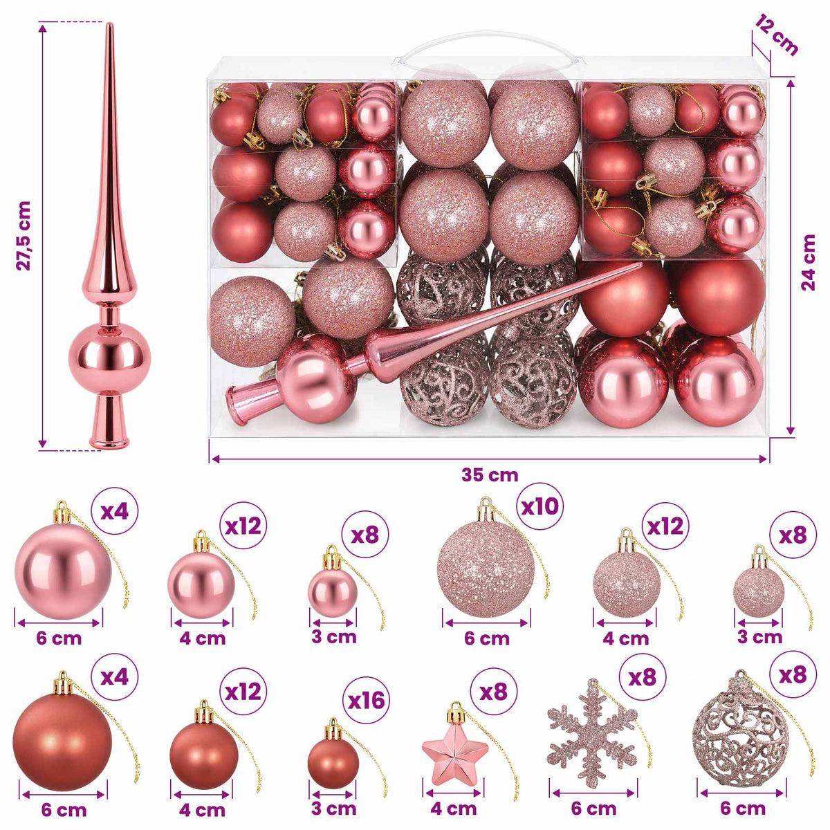 vidaXL Christmas Ball Set 111 pcs Rose Pink 6 cm Polystyrene