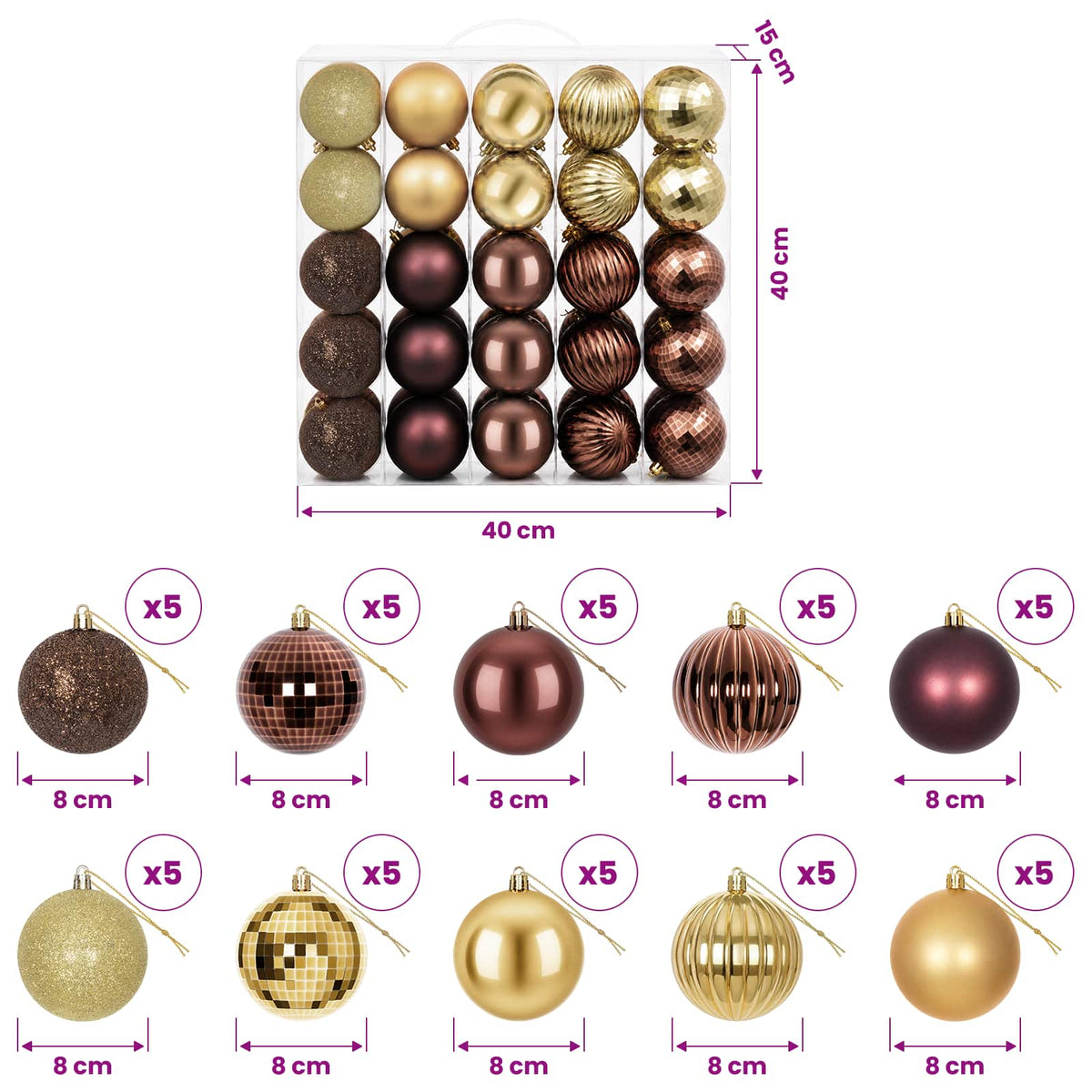 vidaXL Christmas Ball Set 50 pcs Brown and Gold 8 cm Polystyrene