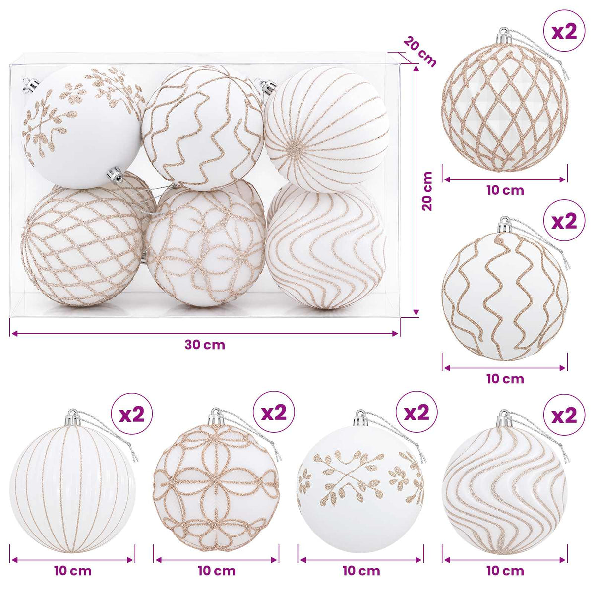 vidaXL Christmas Ball Set XL 12 pcs White and Rose Gold 10 cm