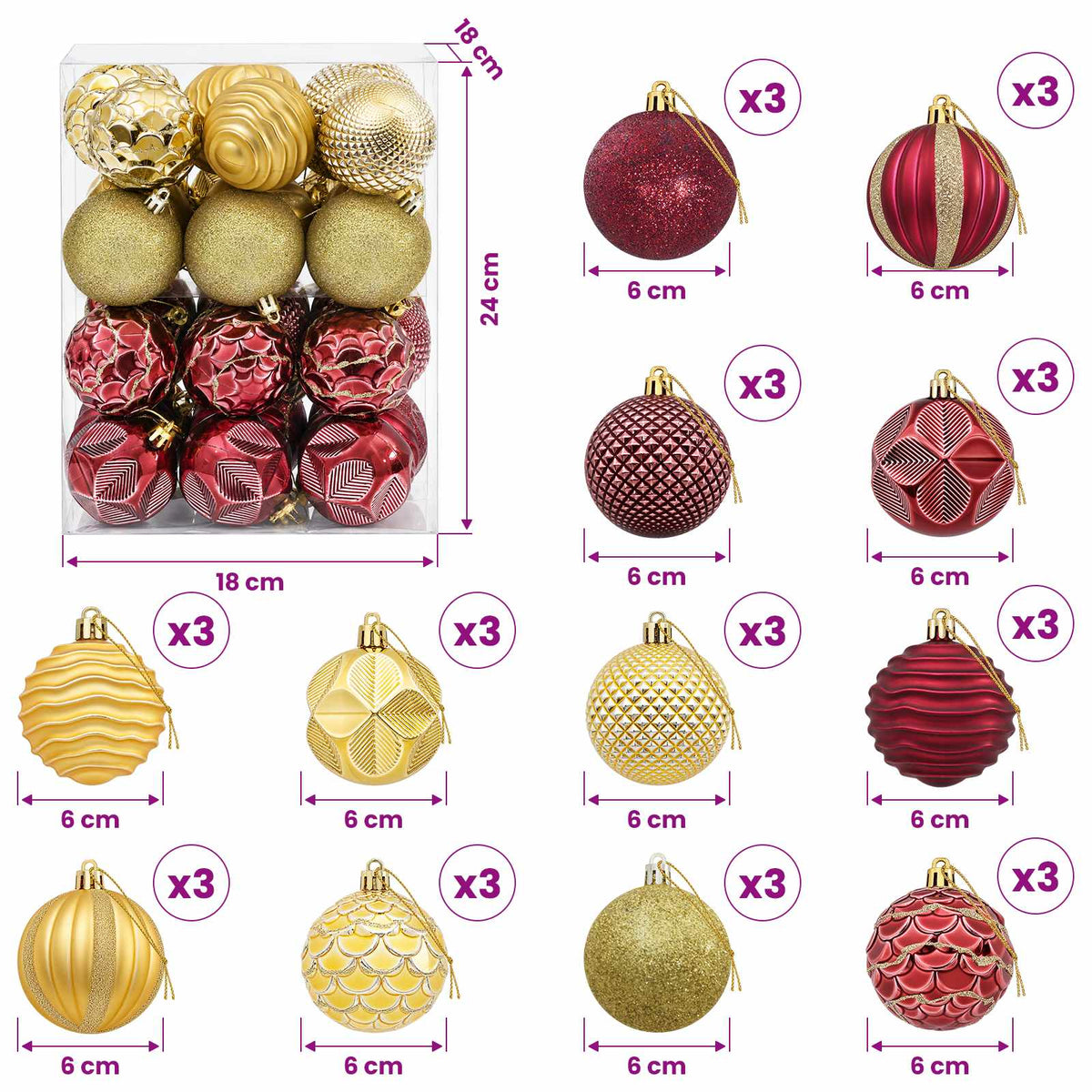 vidaXL Christmas Ball Set 36 pcs Gold and Wine Red 6 cm Polystyrene